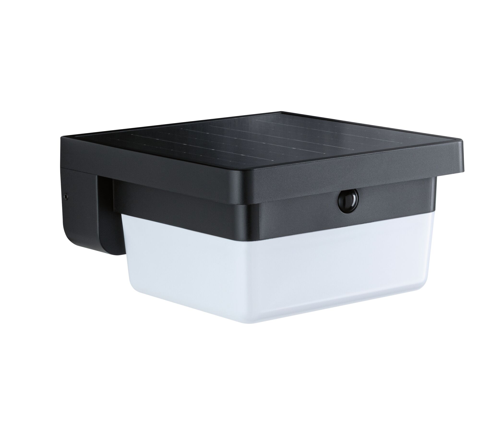 Moderne schwarze LED-Wandleuchte mit Solarmodul oben und weißem Schirm.