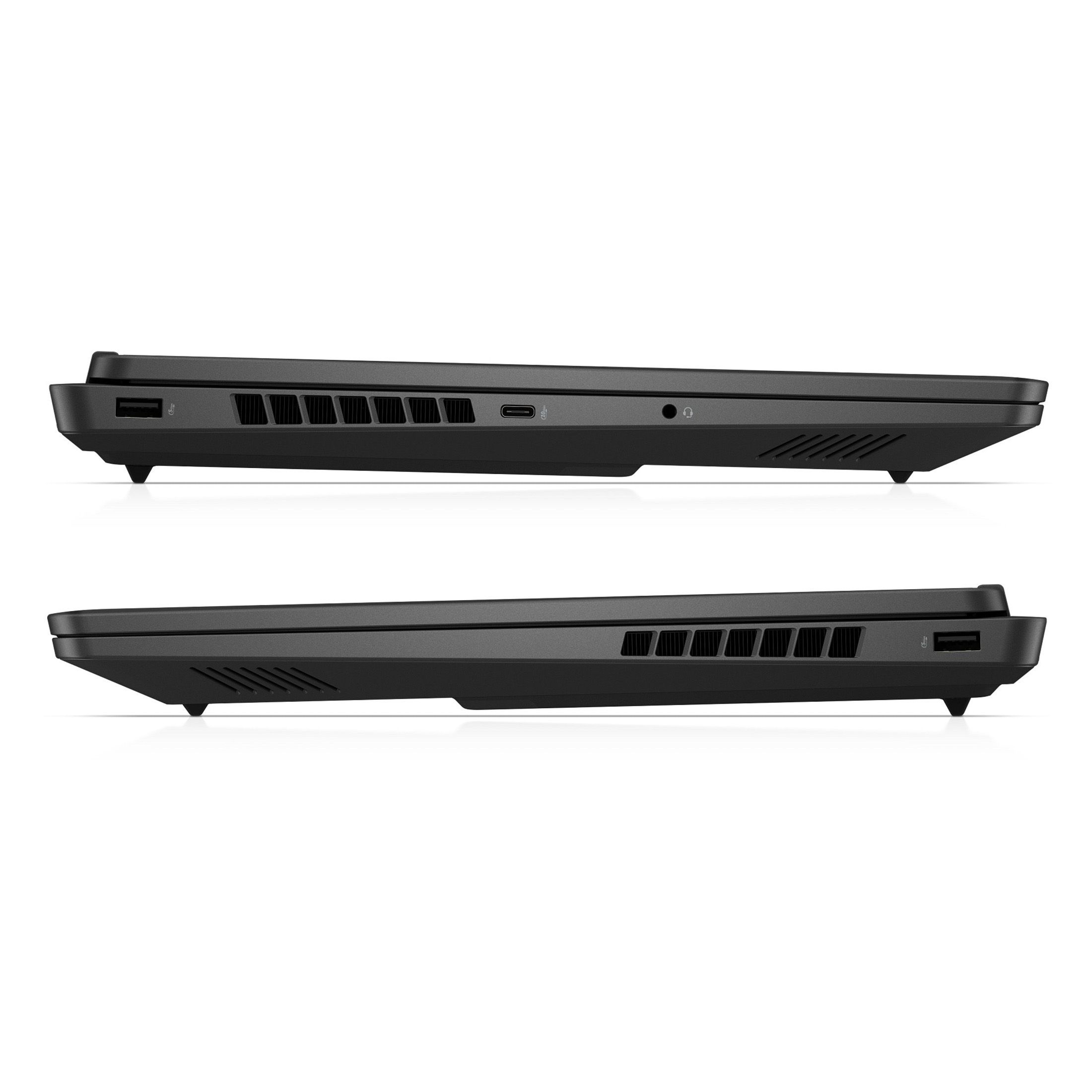 Seitenansicht eines schwarzen Laptops mit USB-Anschlüssen, Lüftungsschlitzen und Kopfhöreranschluss.