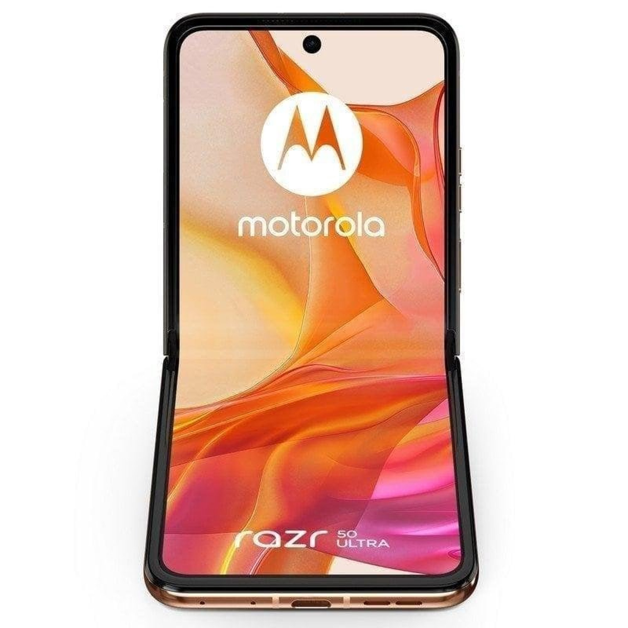 Smartphone pieghevole Motorola Razr 50 Ultra con schermo aperto e sfondo colorato.