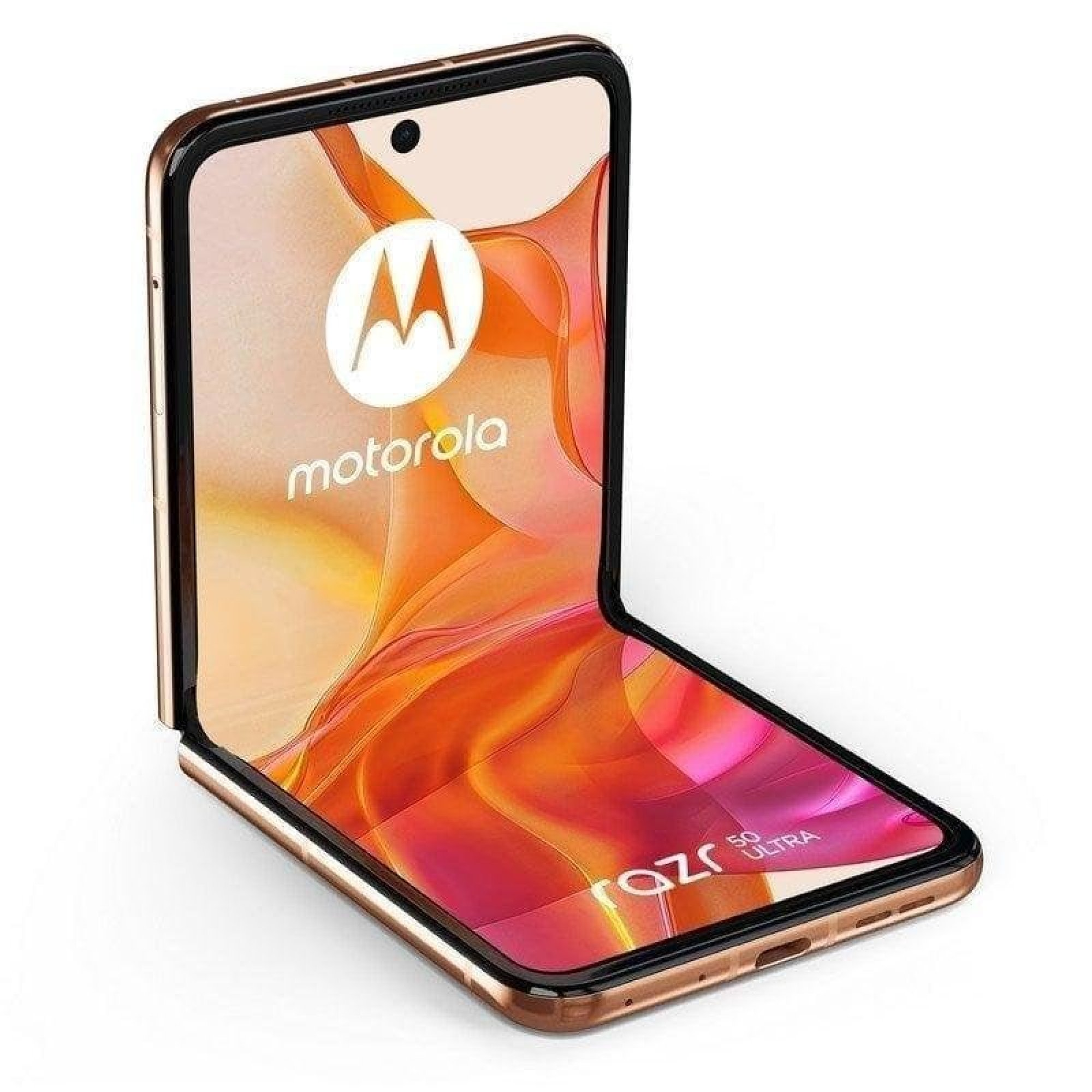 Uno smartphone Motorola Razr 50 Ultra aperto con cornice dorata mostra il logo Motorola sullo schermo.