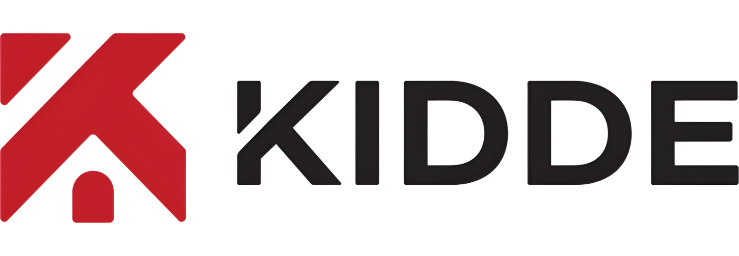 Il logo del marchio Kidde presenta un simbolo di casa astratto rosso a sinistra e il testo nero Kidde a destra.