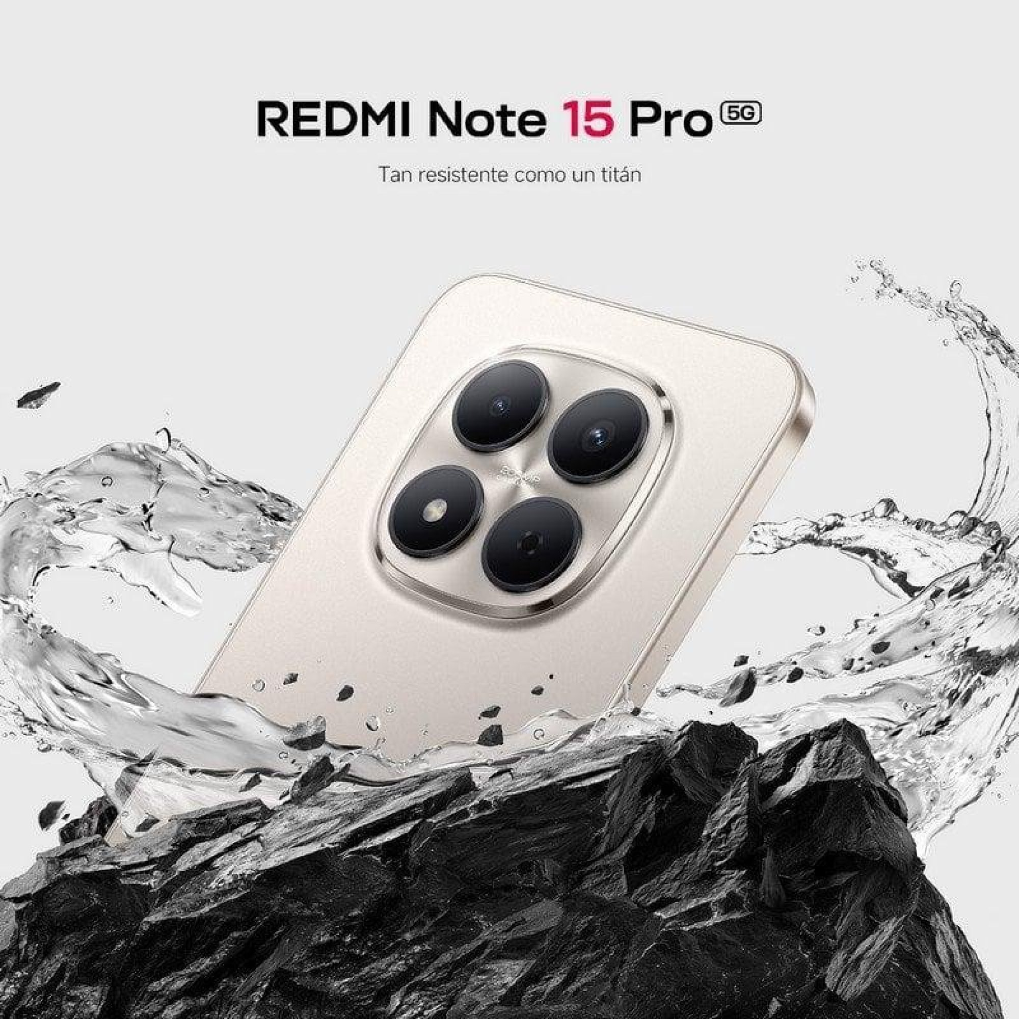 Uno smartphone dorato su rocce nere con acqua che schizza. Il testo in alto dice Redmi Note 15 Pro.