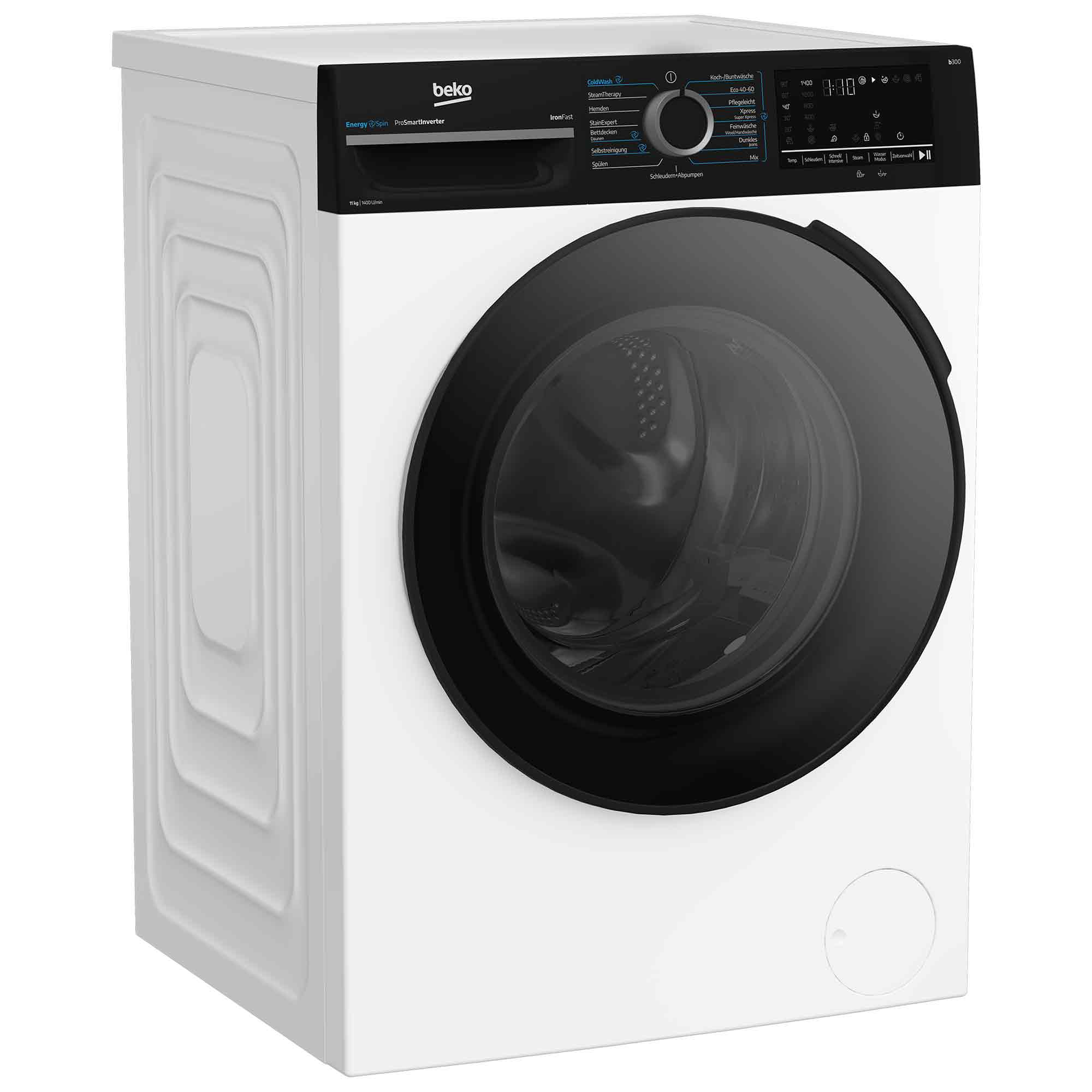 Eine weiße Beko Waschmaschine mit schwarzem Bedienfeld und Glastür, aus dreiviertel Perspektive.