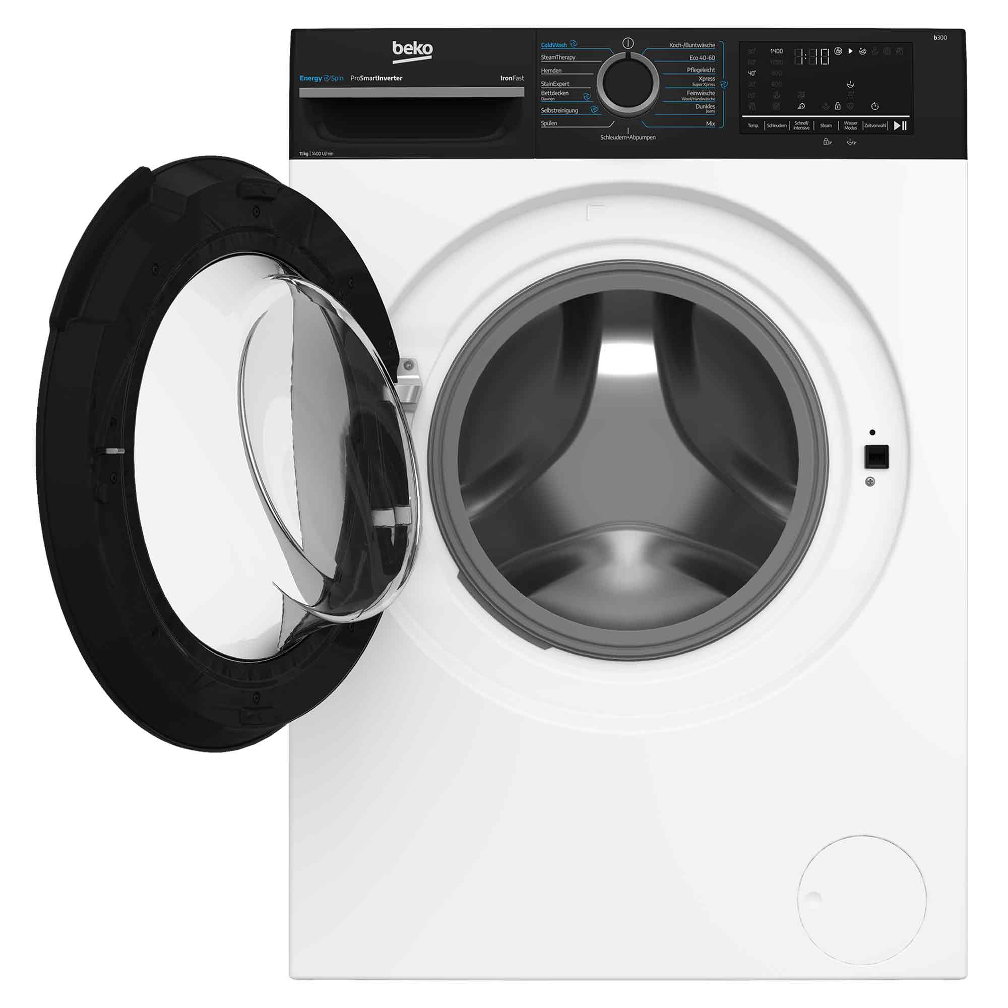 Eine weiße Beko Waschmaschine mit geöffneter dunkler Glättetür links zeigt die leere Trommel.