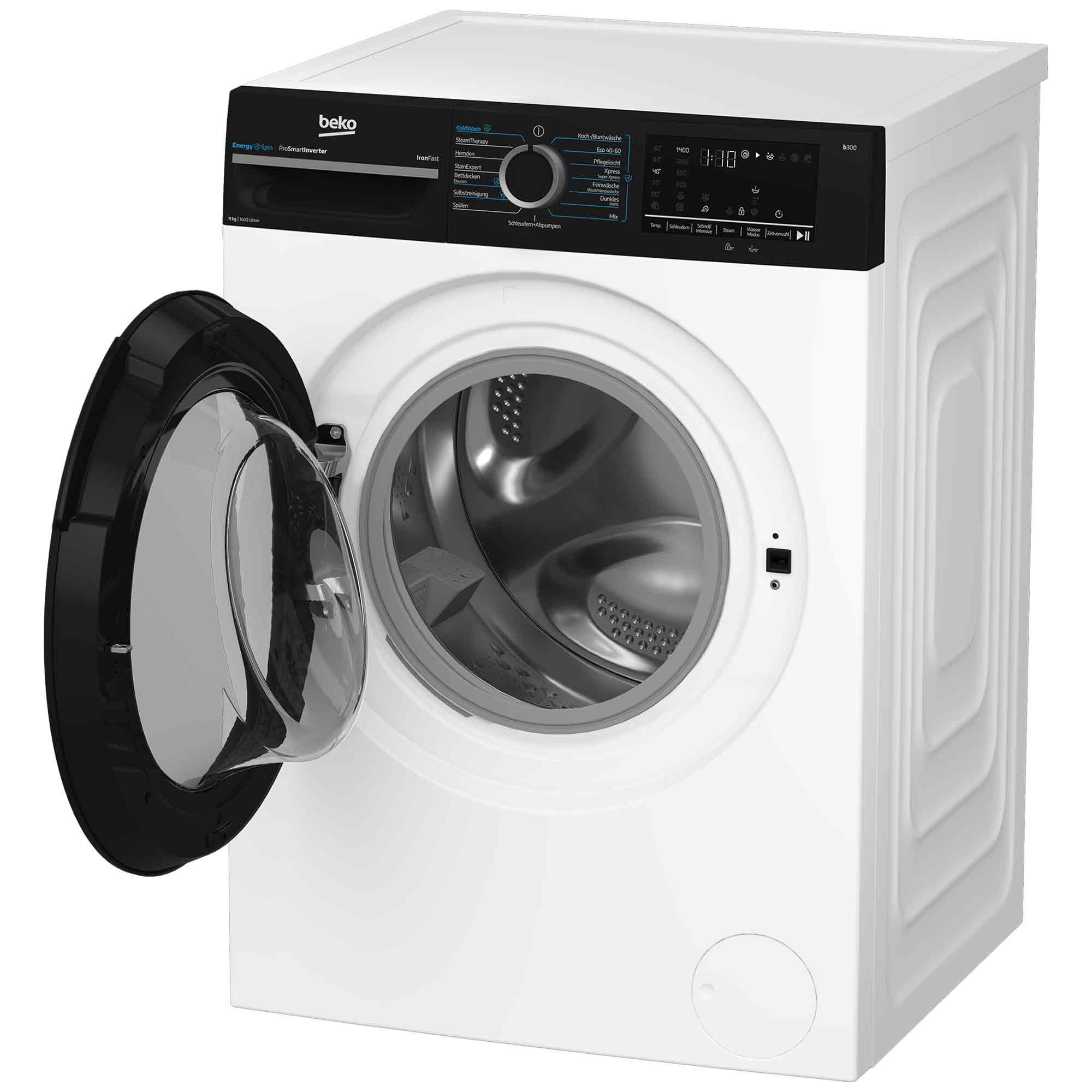 Eine weiße Beko Waschmaschine mit offenem schwarzen Bullauge vor weißem Hintergrund.