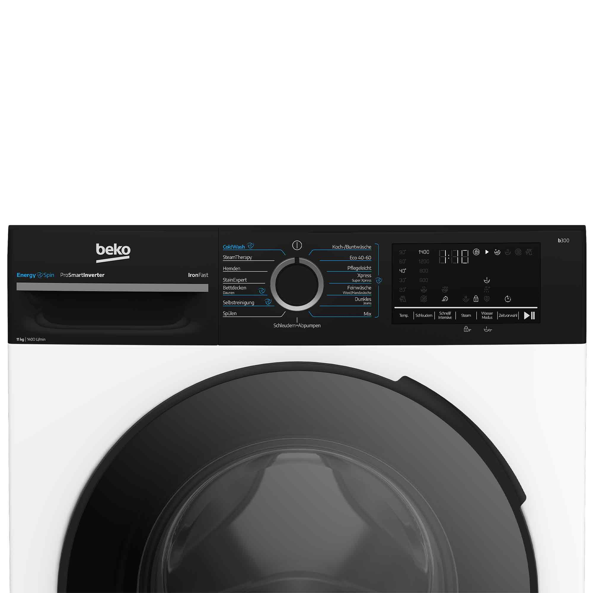 Frontansicht einer modernen Beko Waschmaschine mit schwarzem Bedienfeld und digitalem Display.