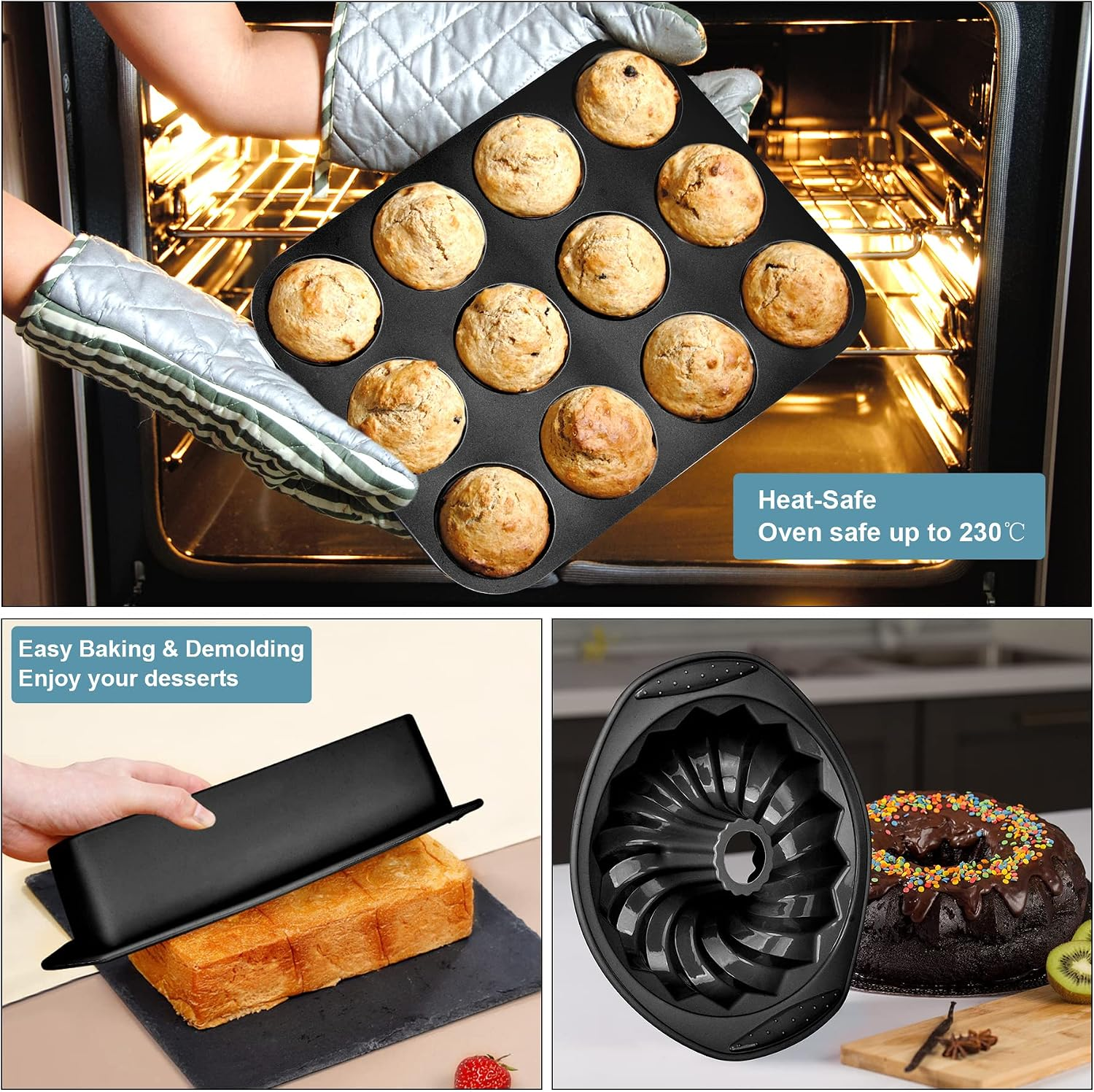 Hände mit Topfhandschuhen halten Muffins vor den Ofen, daneben Brot und Gugelhupf.