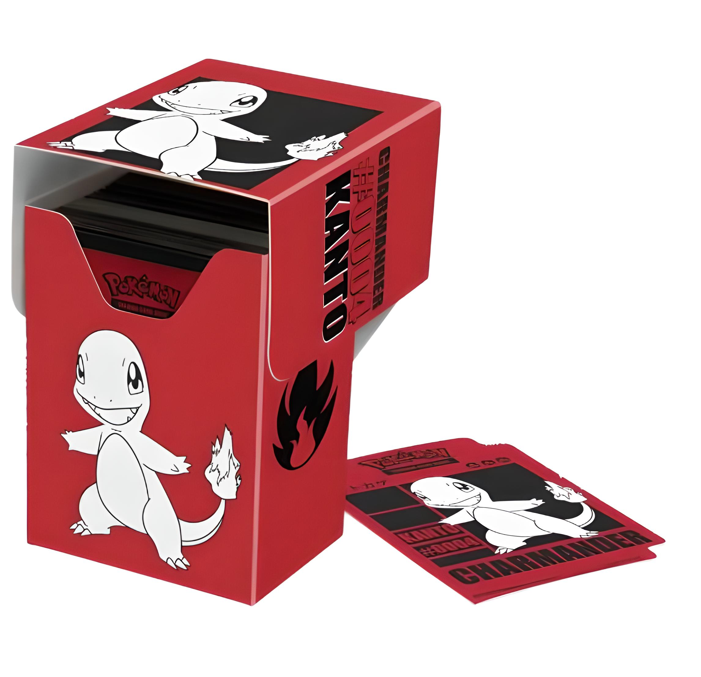 Eine rote Pokémon-Kartenbox mit Charmander-Motiven, gefüllt mit Karten, und eine einzelne Karte daneben.
