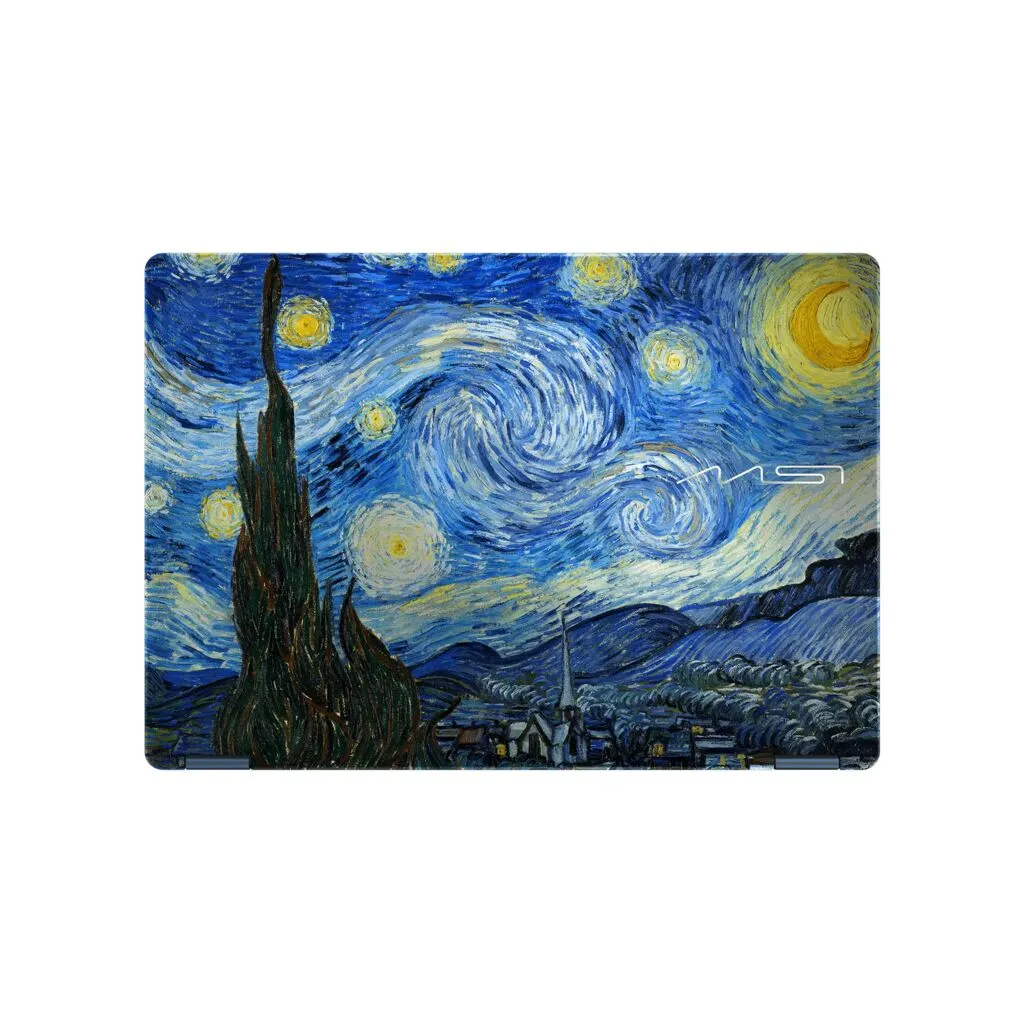 Van Gogh'un Yıldızlı Gece tablosu kaplı laptop kapağı, mavi gece gökyüzü, dönen bulutlar ve karanlık bir selvi ağacı.