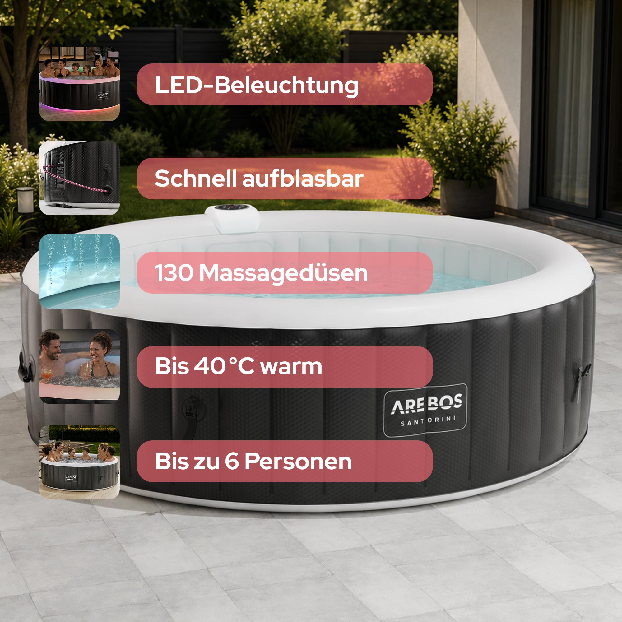 Aufblasbarer Whirlpool Arebos Santorini auf einer Terrasse mit fünf Infofeldern zu LED, Düsen und Kapazität.