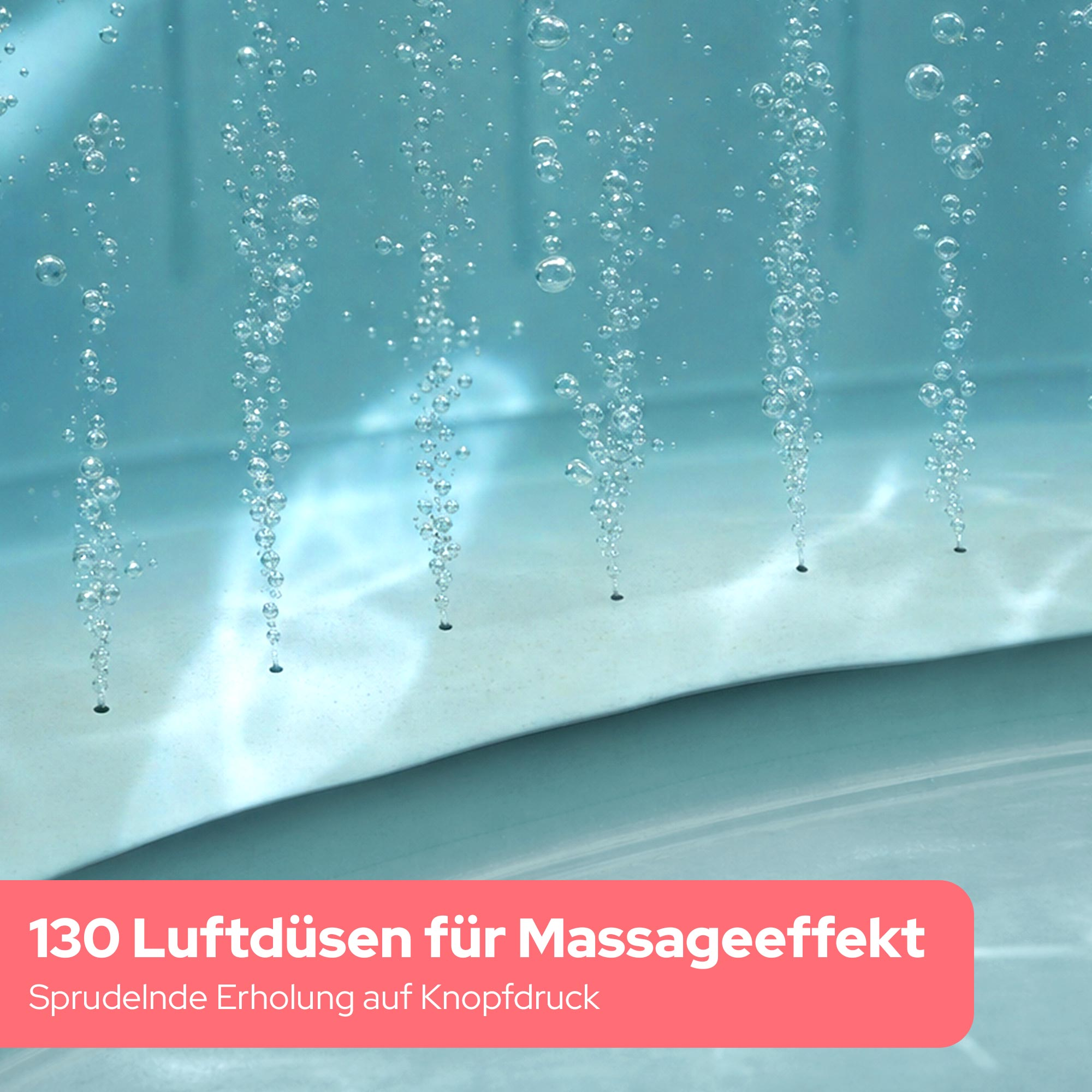 Aufsteigende Luftblasen aus sechs Düsen in einem blauen Whirlpool.