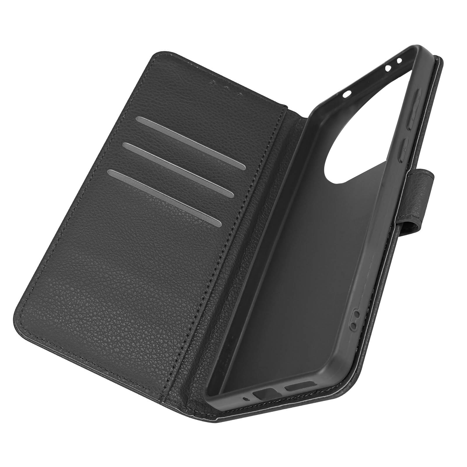 Custodia per telefono nera in stile portafoglio aperta su sfondo bianco, con tre slot per carte e cover.