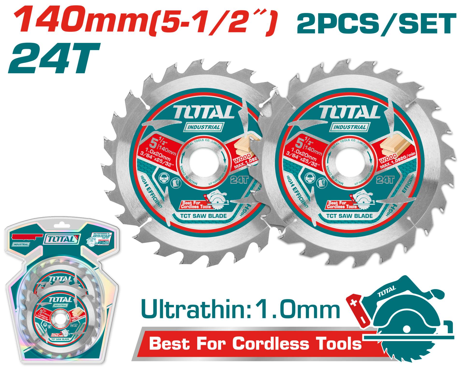 İki adet 140mm TCT daire testere bıçağı 24T, ultra ince 1.0mm, akülü aletler için, ambalajıyla.