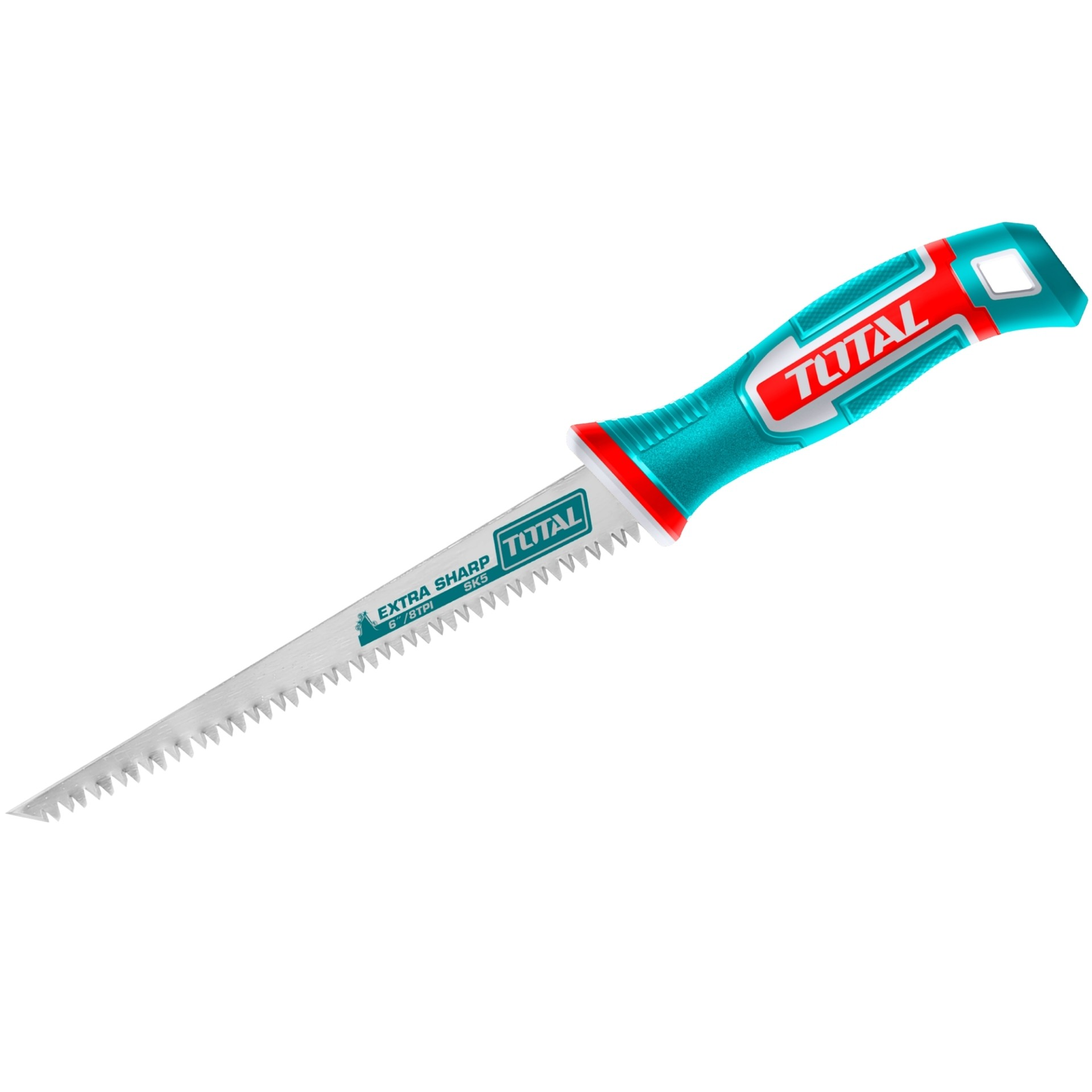 Beyaz arka planda uzun, tırtıklı bıçağa ve turkuaz-kırmızı ergonomik sapa sahip bir el testeresi.