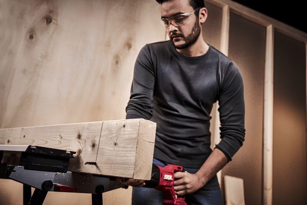 Güvenlik gözlüklü bir adam, atölyede ahşap bir kirişi kesmek için kırmızı elektrikli testere kullanıyor.