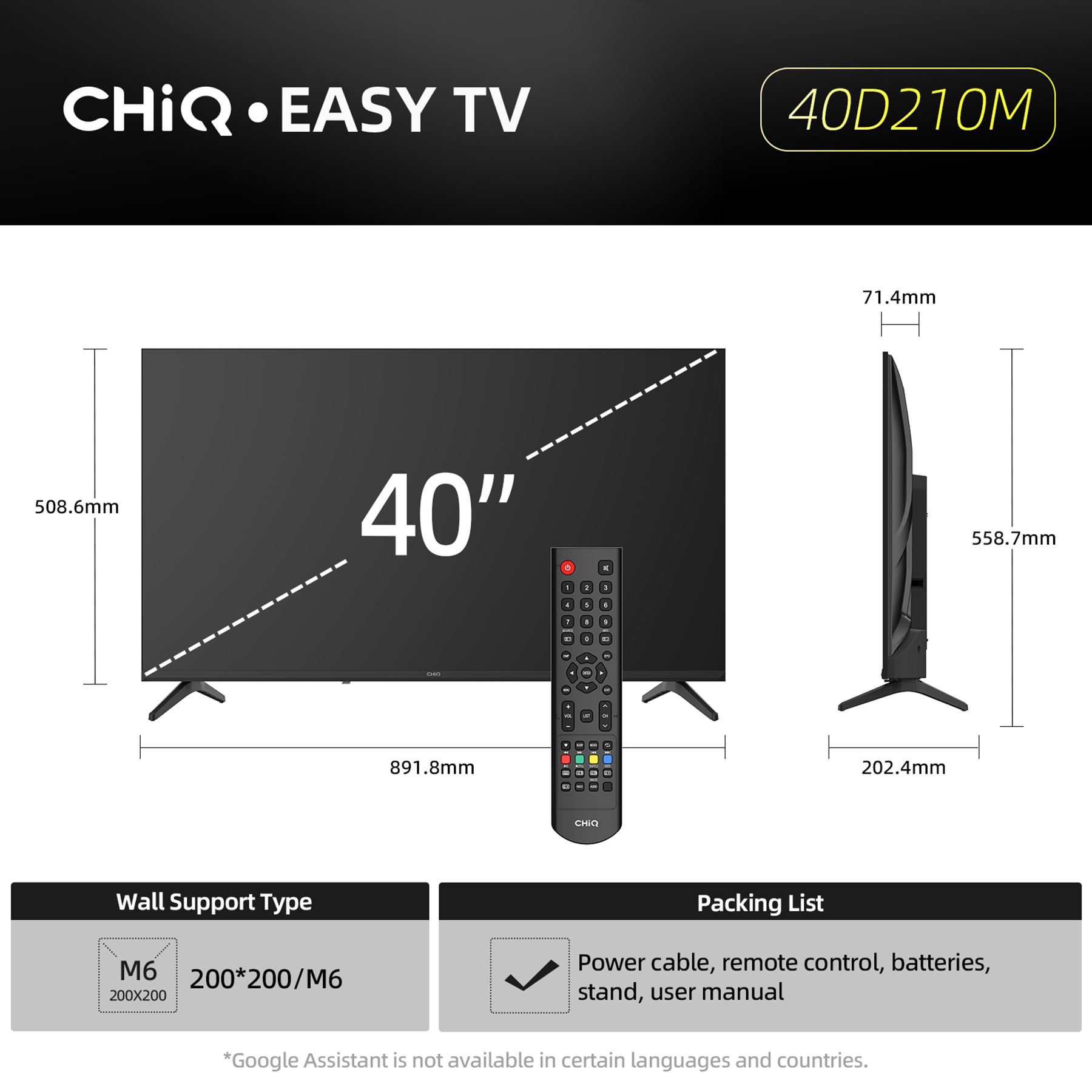Dibujo técnico del televisor CHiQ 40D210M con dimensiones, control remoto y accesorios.