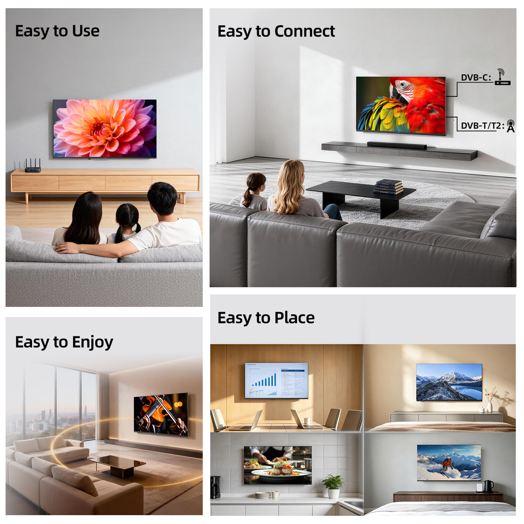 Cuatro paneles muestran un televisor moderno destacando su fácil uso, conexión, colocación y disfrute.
