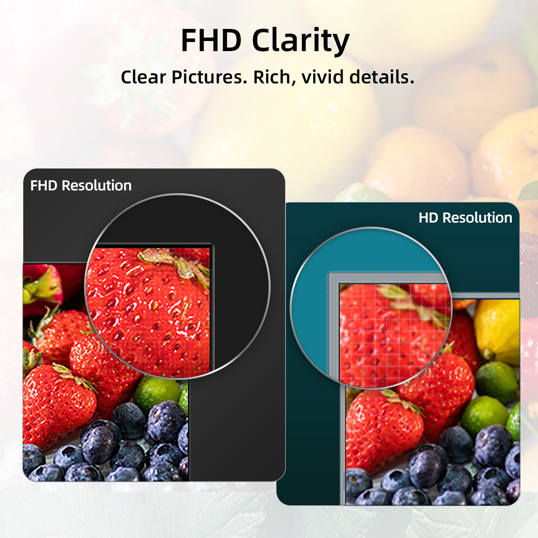 Comparación entre resolución FHD y HD mostrando imágenes detalladas de frutas.
