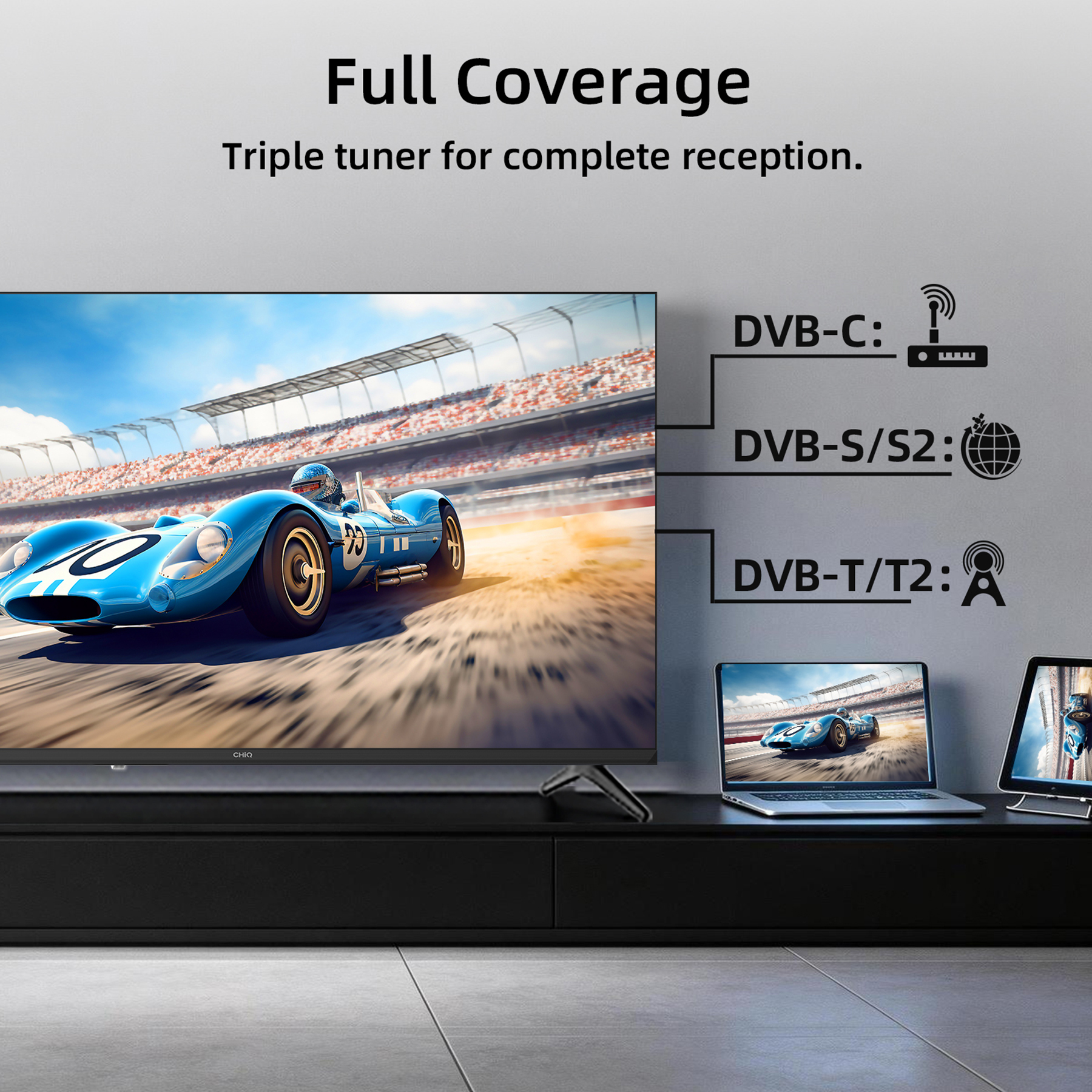 Televisor mostrando un coche de carreras y texto sobre sintonizadores DVB.