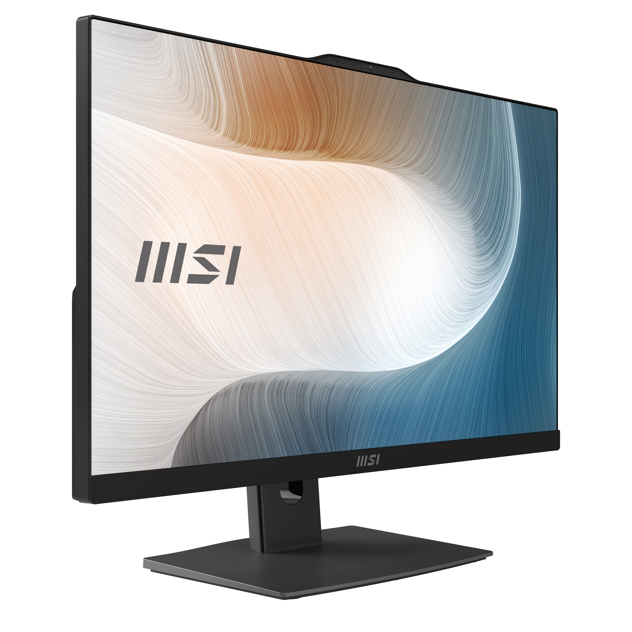 Un monitor MSI nero con supporto e schermo a motivi astratti su sfondo bianco.