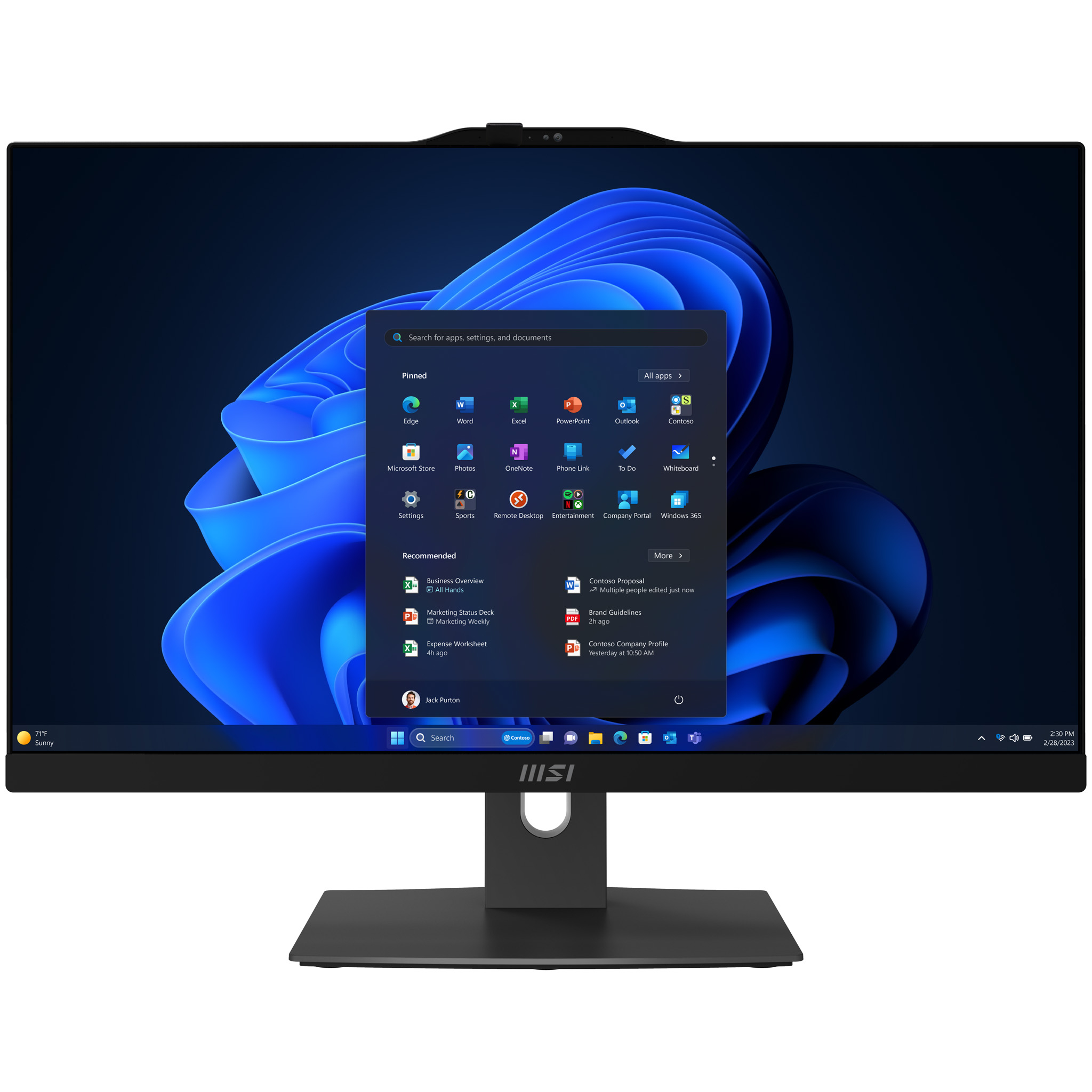 Computer all-in-one MSI con menu Start blu di Windows 11 e icone di app.
