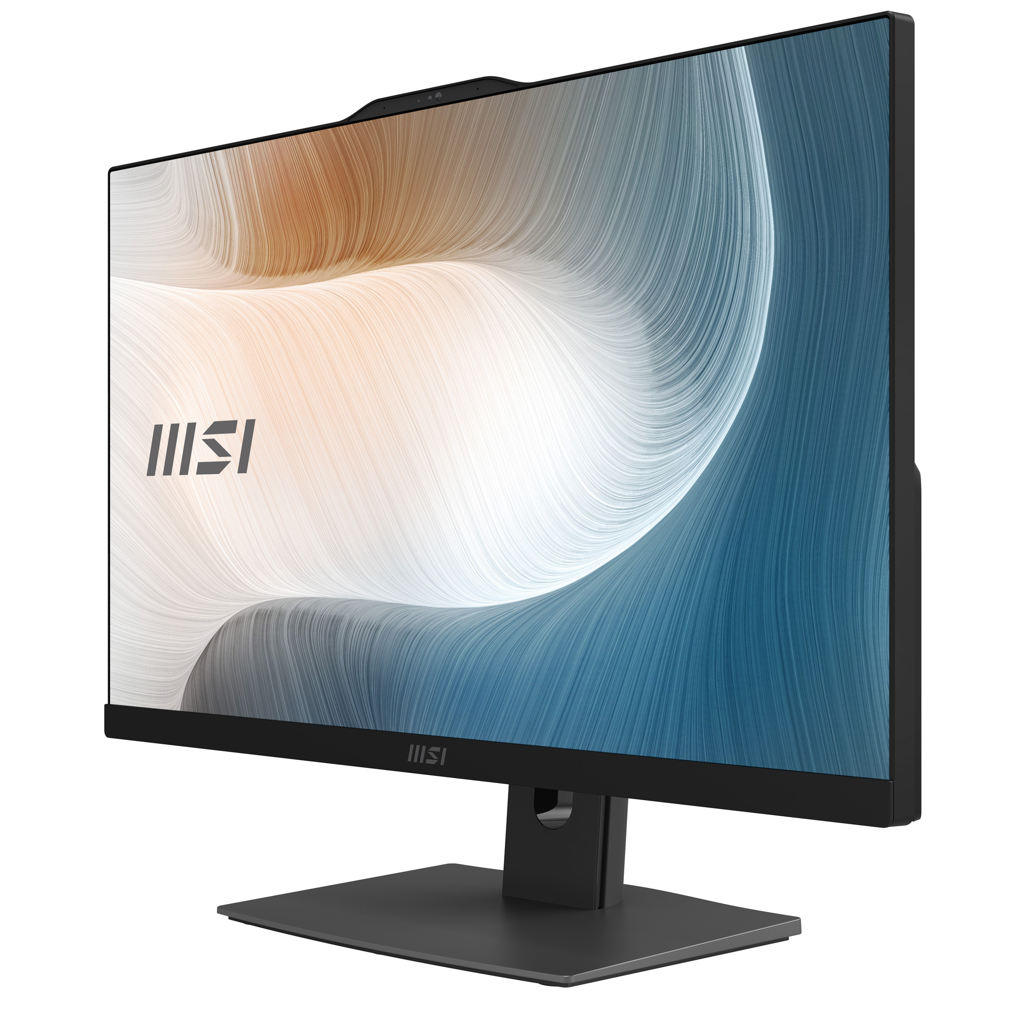 Un monitor desktop MSI nero con uno sfondo astratto a onde blu e arancioni, visto da un'angolazione.