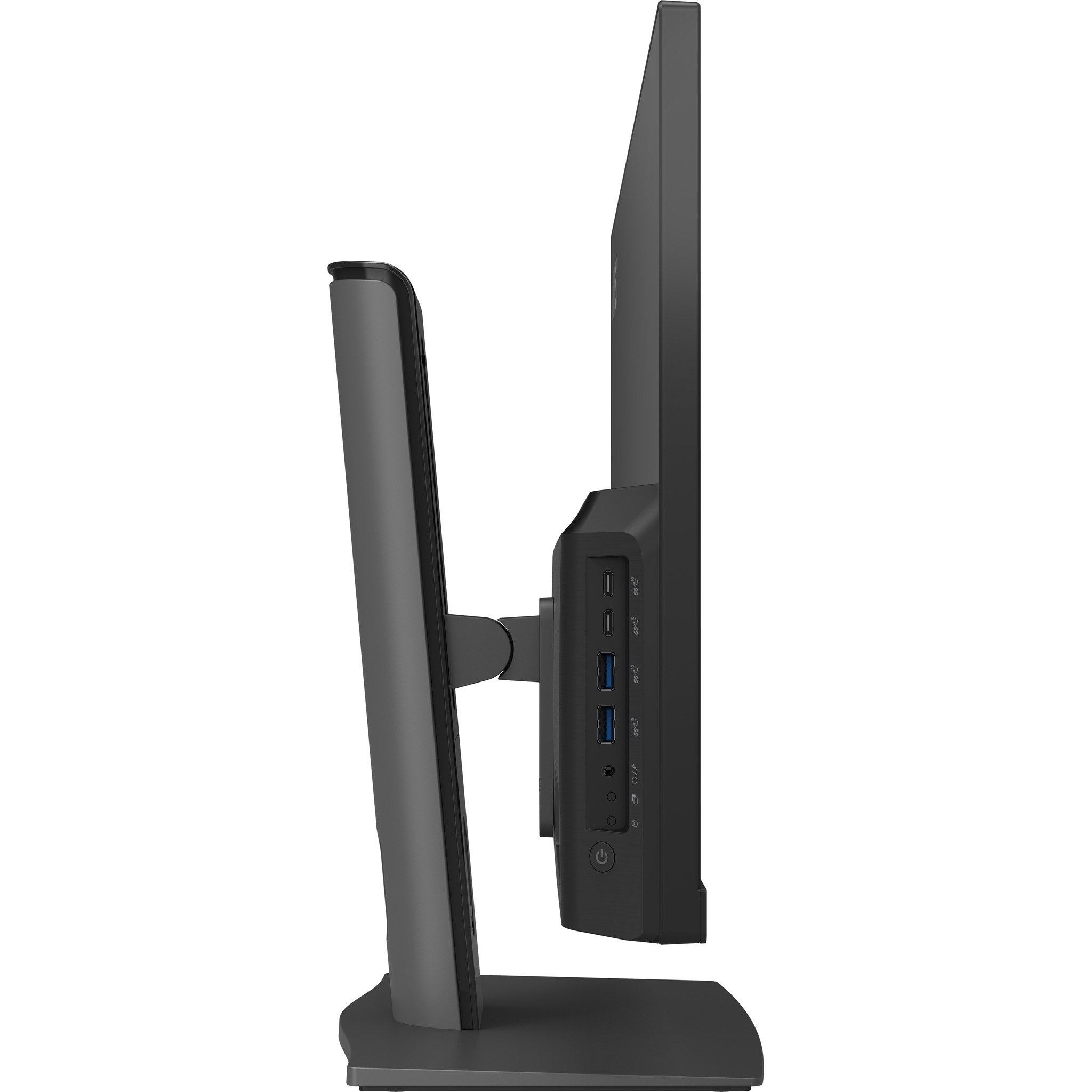 Vista laterale di un monitor per computer nero con porte USB sul supporto.