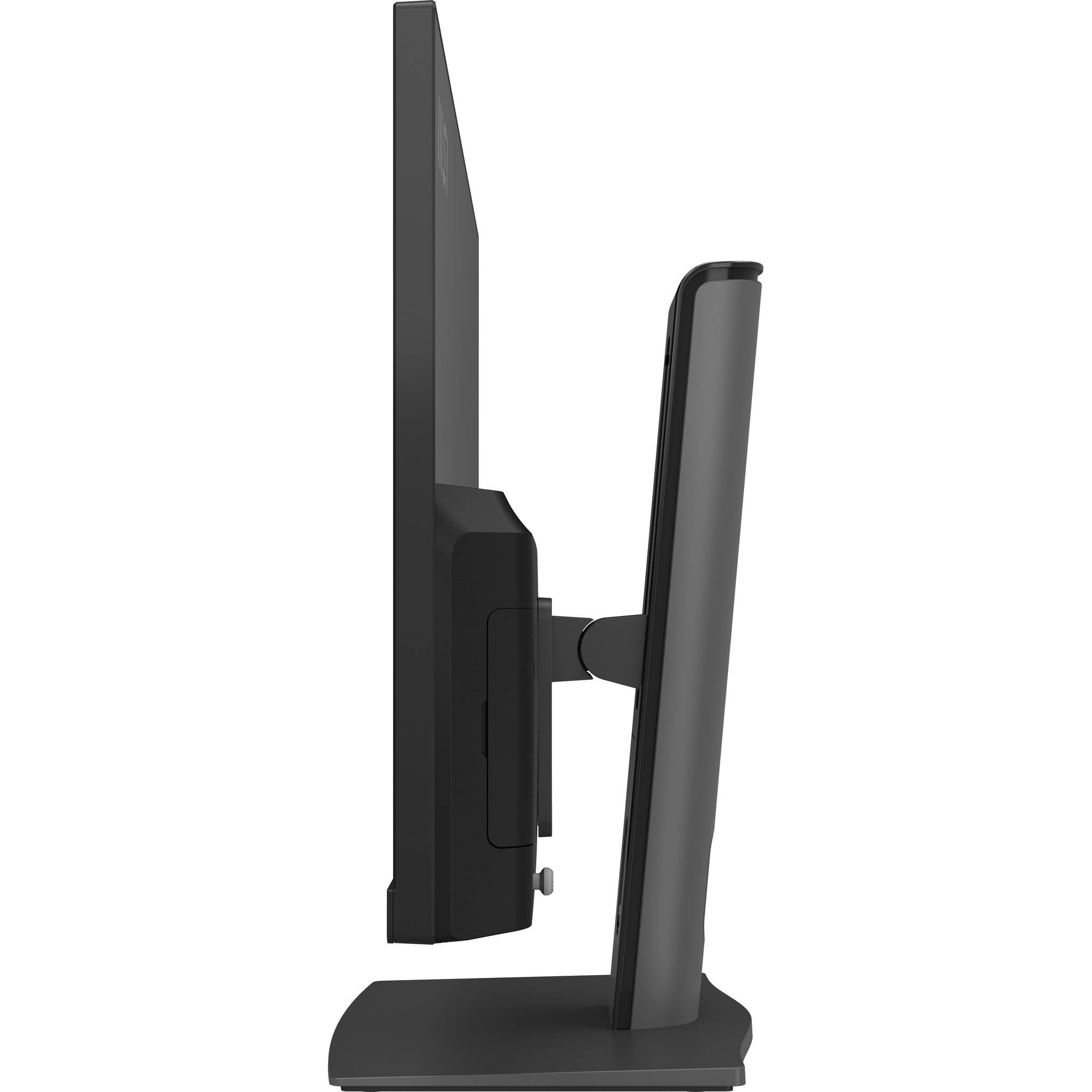 Vista laterale di un monitor per computer nero montato su supporto regolabile su sfondo bianco.