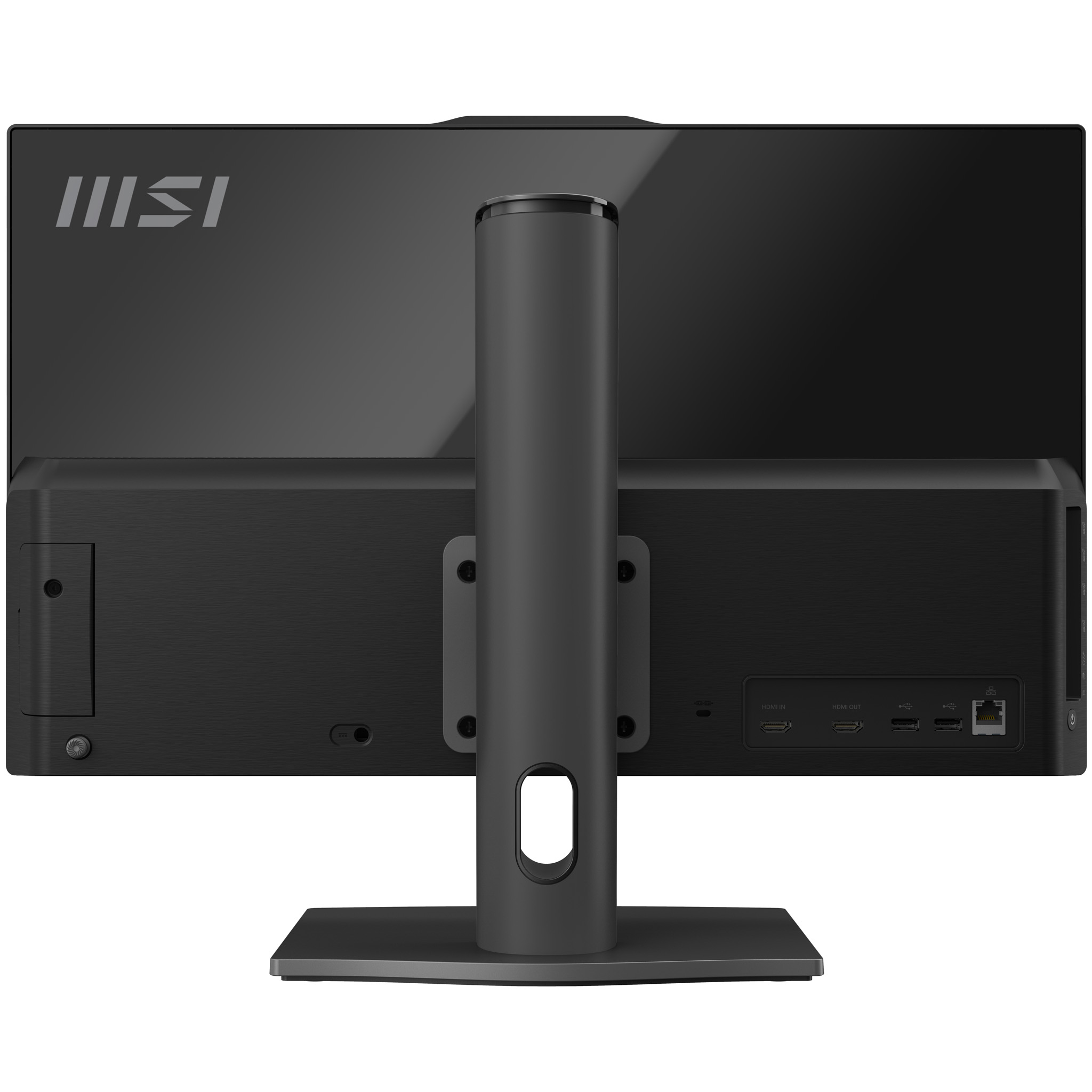Retro di un monitor MSI nero con supporto centrale e porte visibili.
