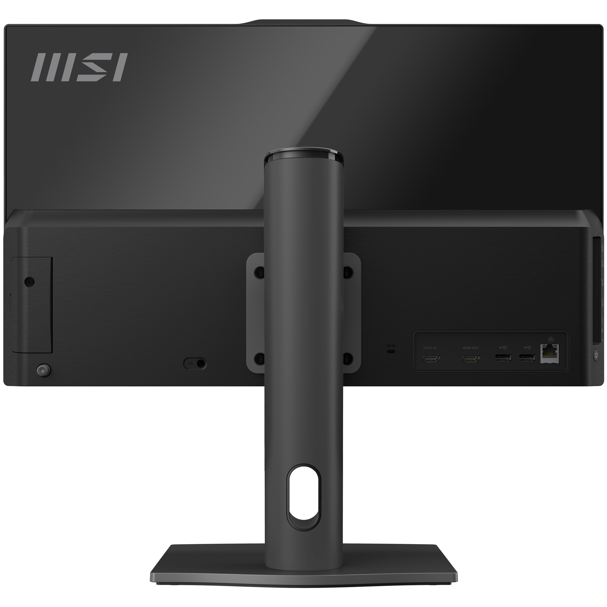 Vista posteriore di un monitor MSI nero con supporto e porte visibili come HDMI e USB.