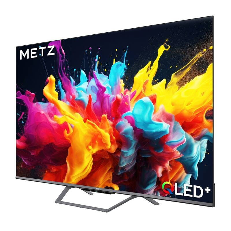Un televisore Metz che mostra uno sfondo colorato e astratto di schizzi di colore.