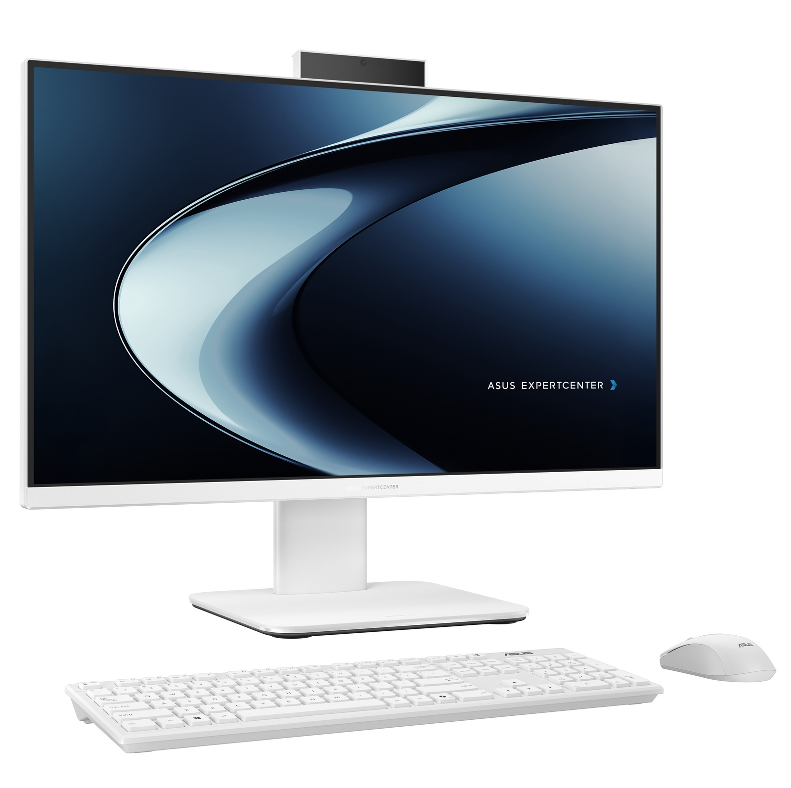 PC all-in-one Asus ExpertCenter bianco con tastiera e mouse su sfondo bianco.