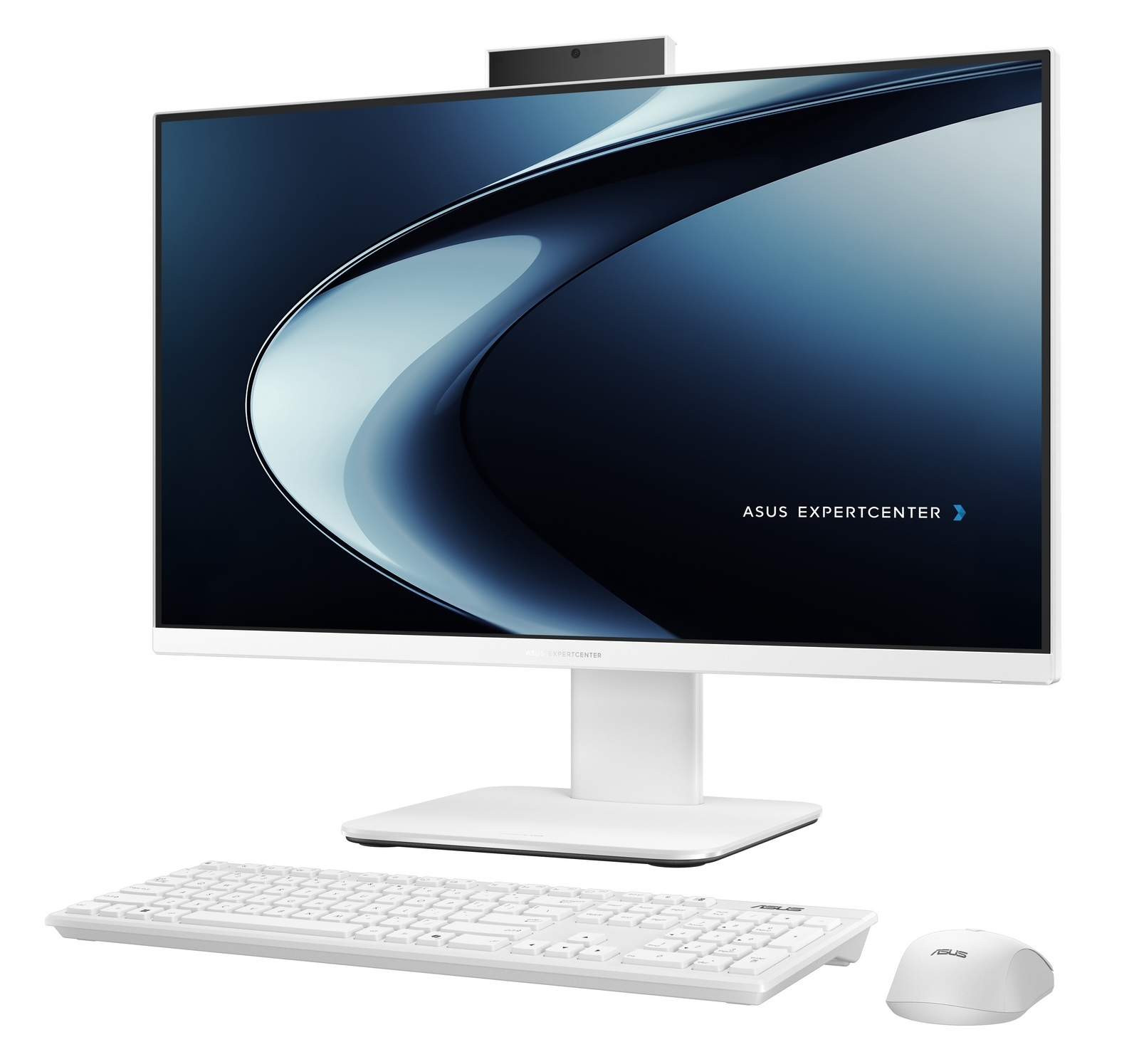 Un computer desktop all-in-one bianco con tastiera e mouse.