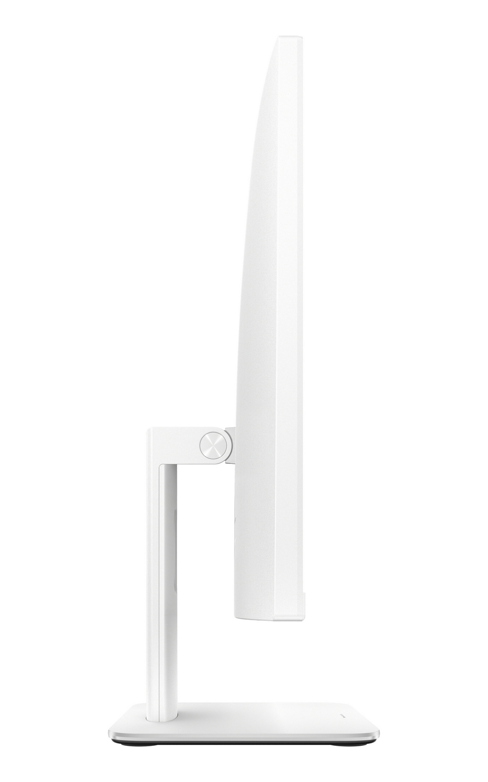 Vista laterale di un monitor bianco su supporto bianco con base rettangolare.