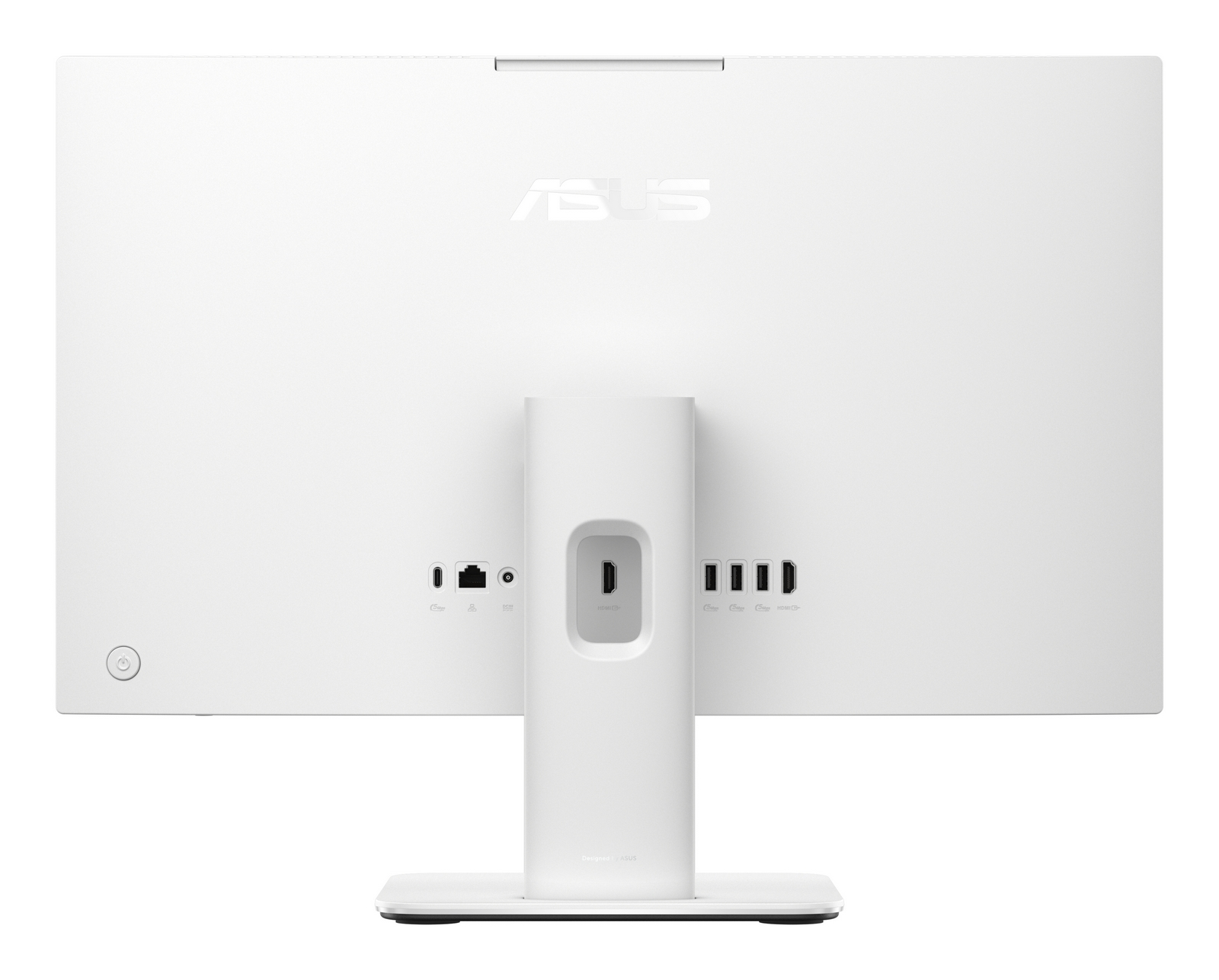 Vista posteriore di un monitor ASUS bianco con supporto, porte e pulsante di accensione.