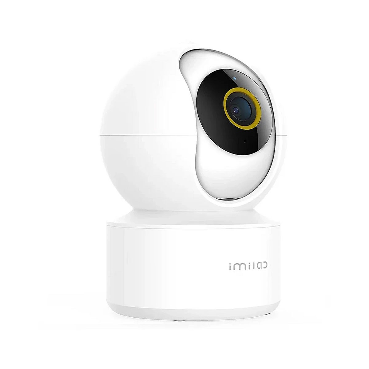 Una telecamera di sicurezza wireless bianca con lente nera su una base.