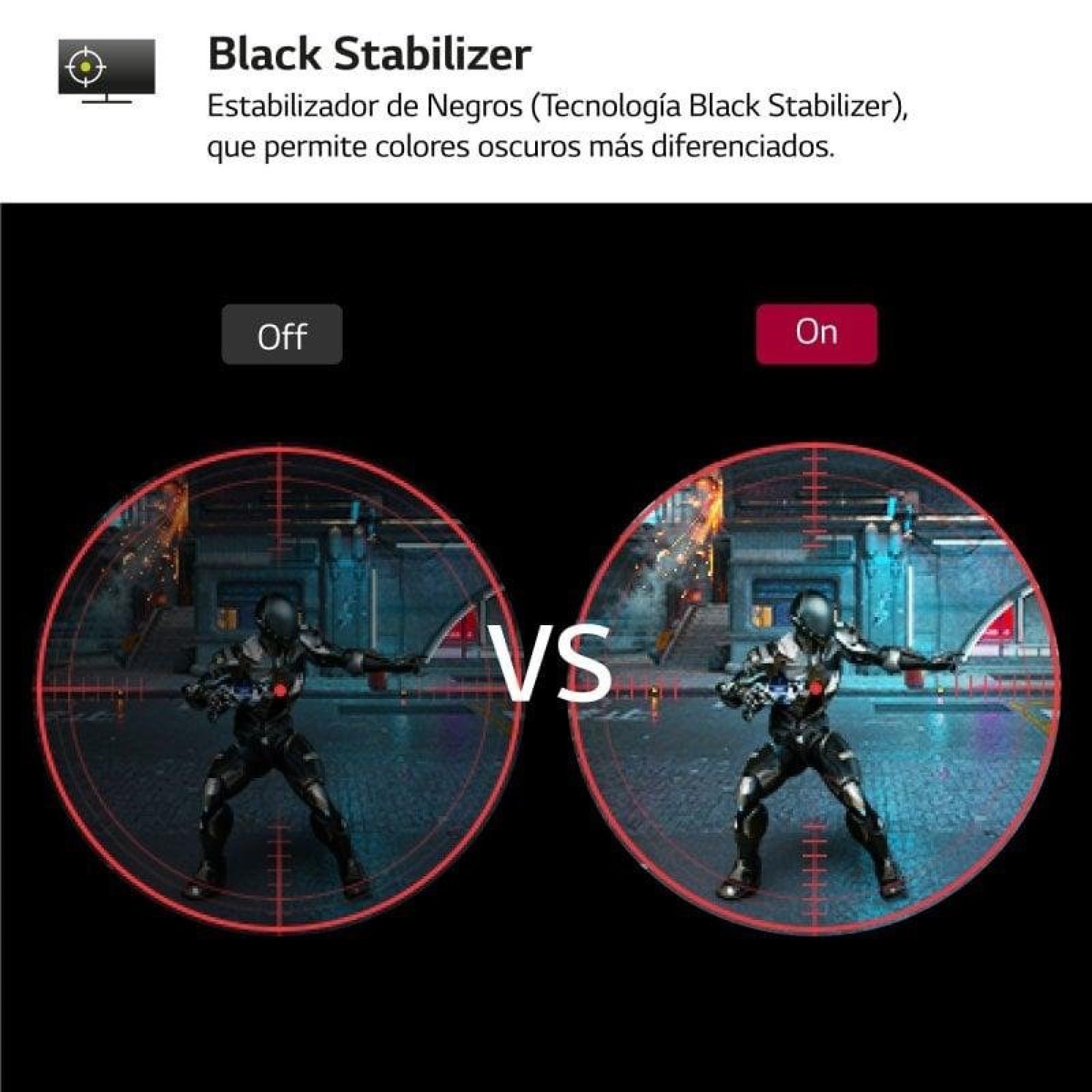 Immagine di confronto mostra Black Stabilizer Off e On con visibilità migliorata nelle aree scure.
