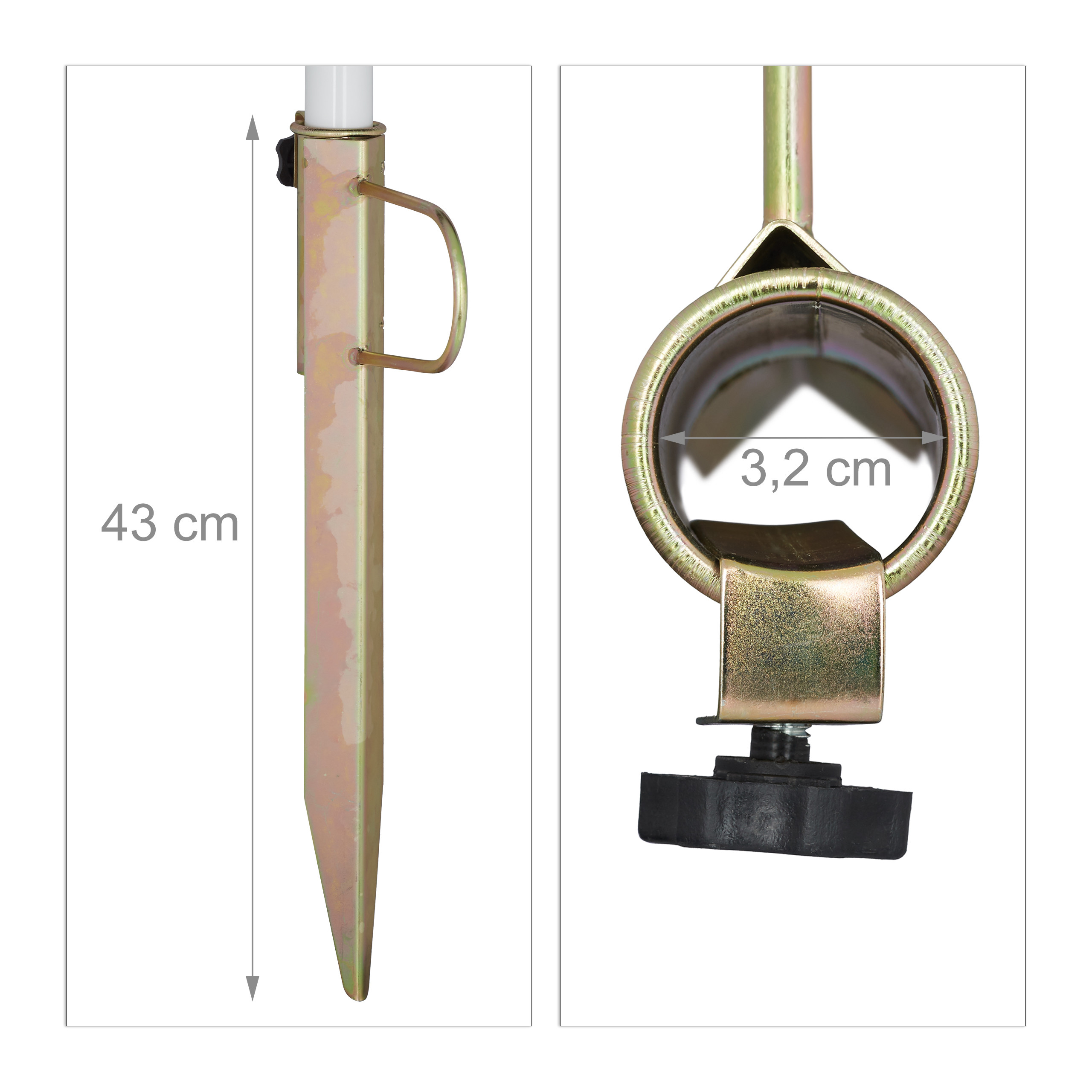 Zwei Bilder eines 43 cm langen und 3,2 cm breiten Bodenankers mit Befestigungsschraube.