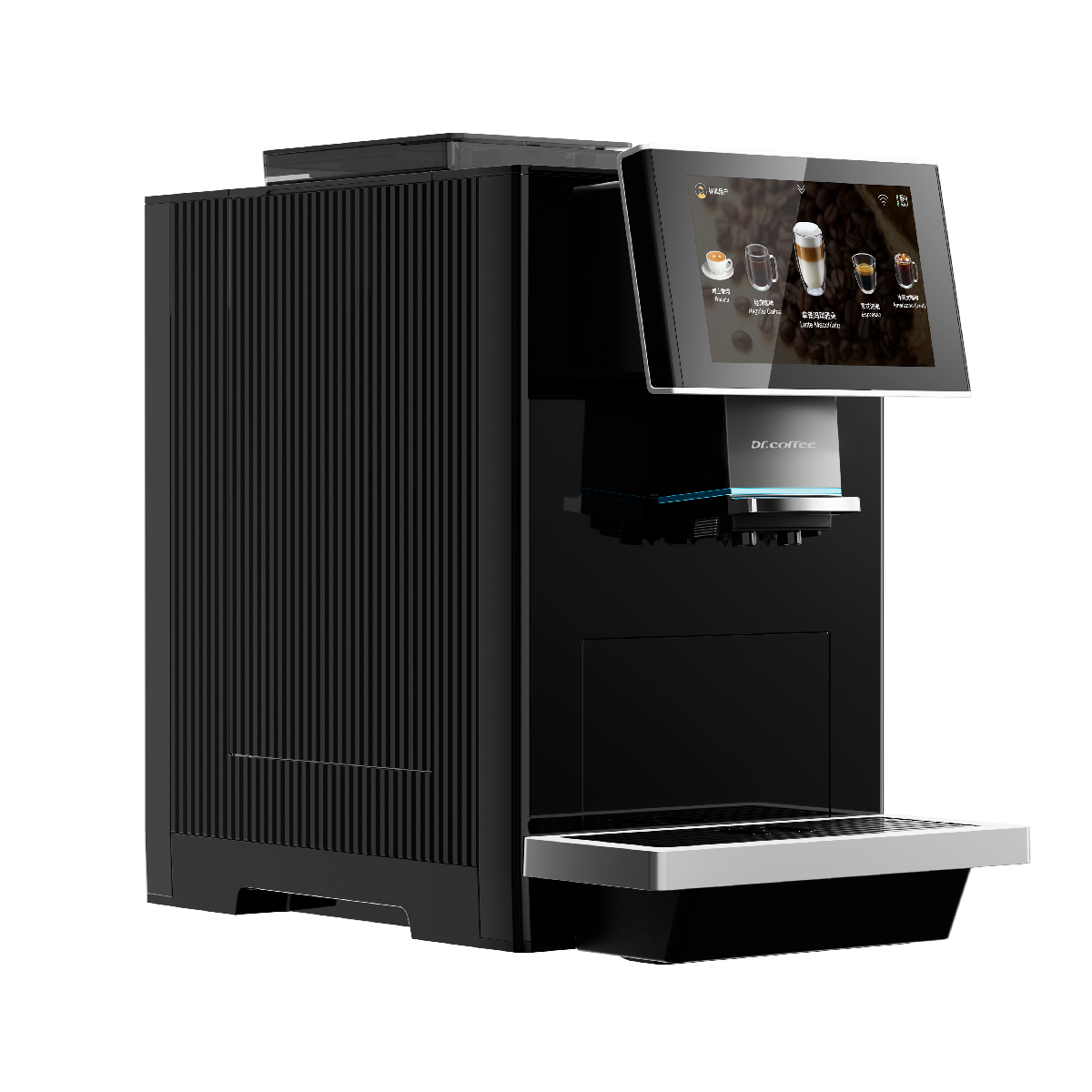 Eine moderne schwarze Kaffeemaschine mit digitalem Touchscreen und silberner Abtropfschale auf weißem Hintergrund.