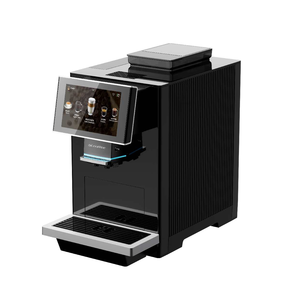 Moderne schwarze Kaffeemaschine mit digitalem Touchscreen und silberner Abtropfschale auf weißem Hintergrund.