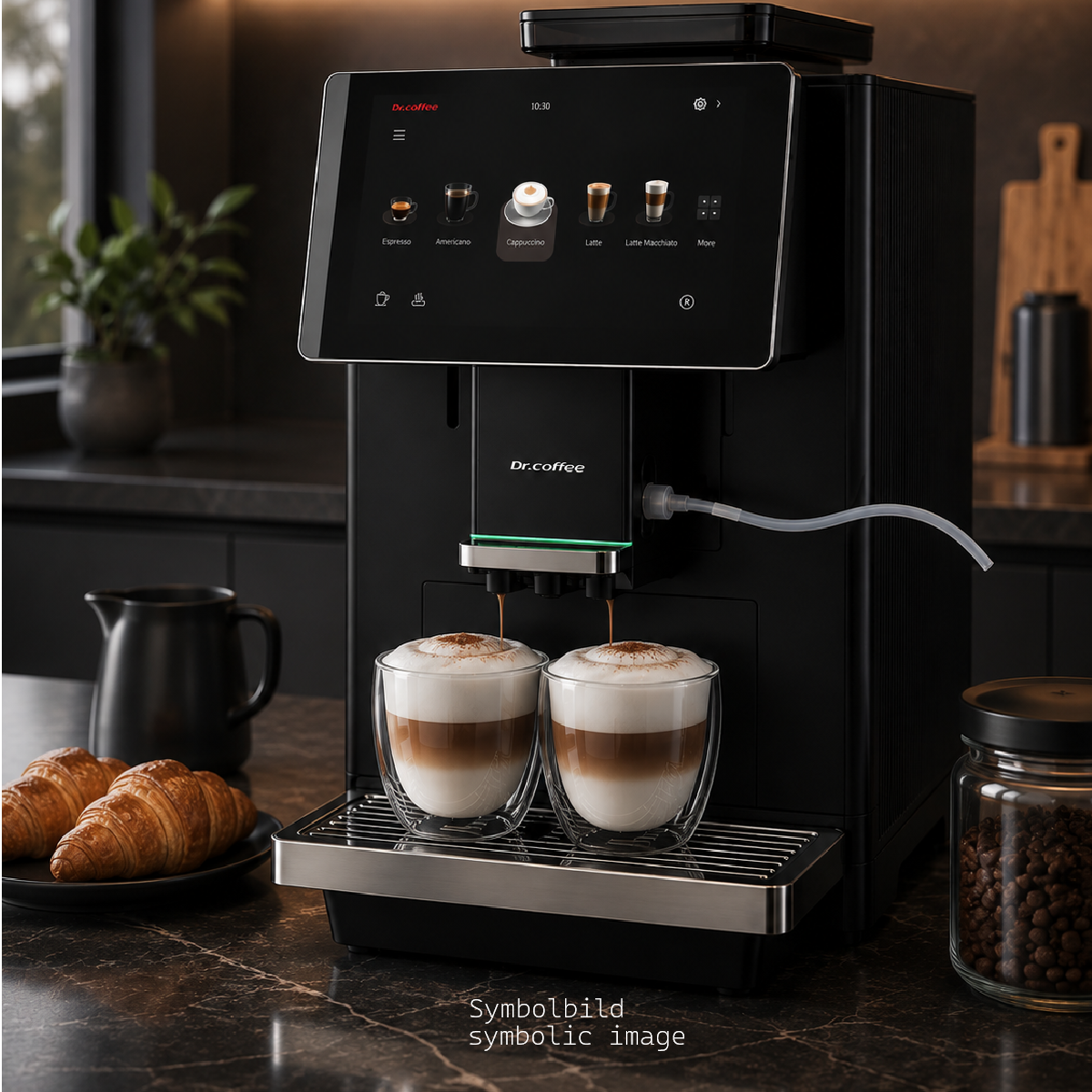 Moderne schwarze Kaffeemaschine mit Touchscreen bereitet zwei Cappuccino in Glasbechern zu.