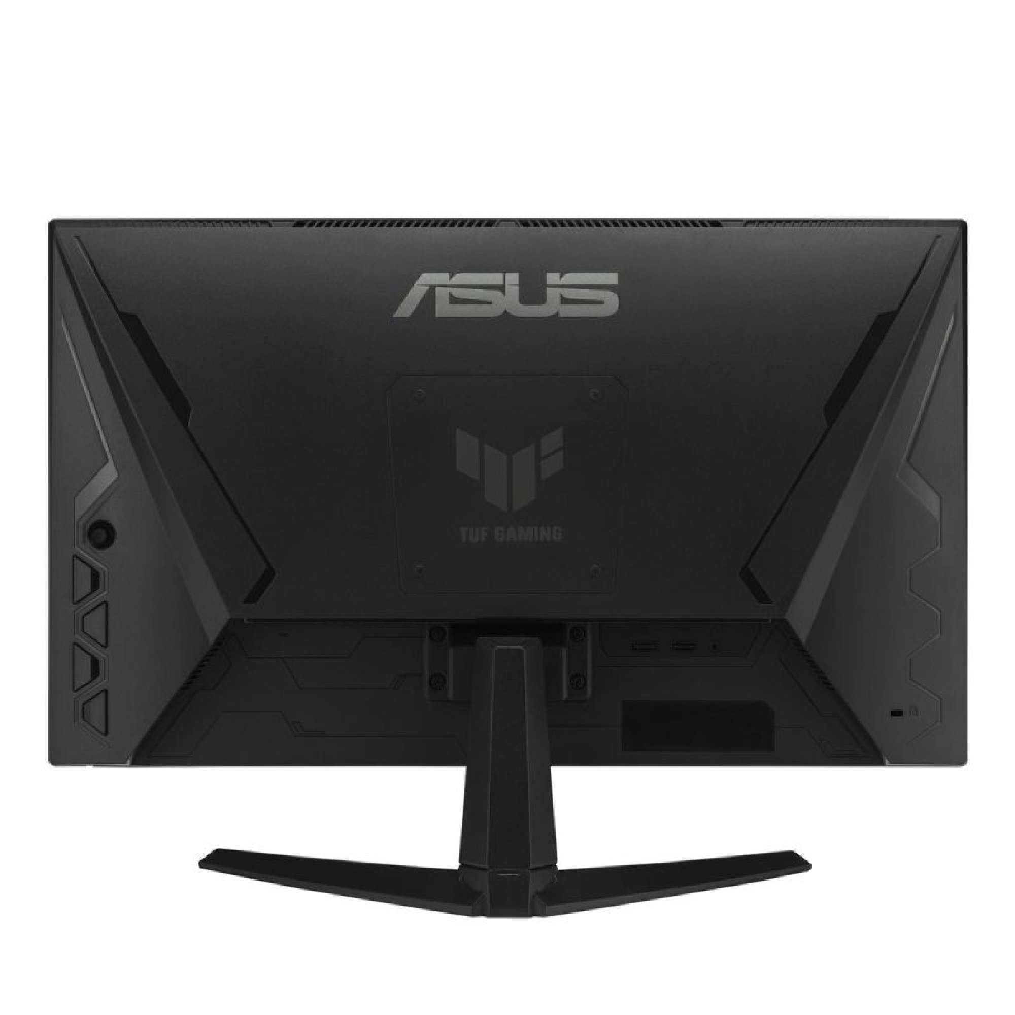 Il retro di un monitor nero Asus TUF Gaming con supporto su sfondo bianco.