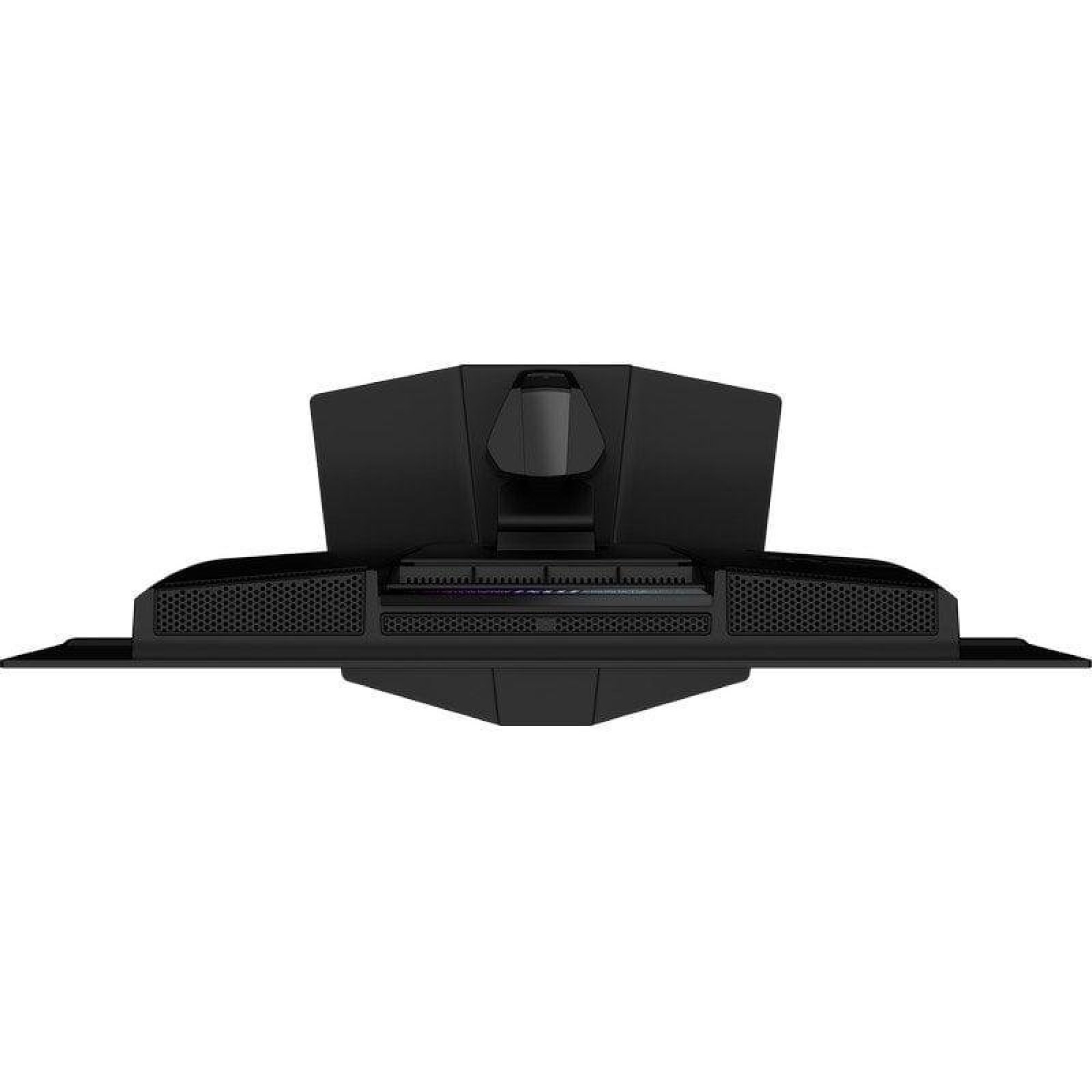 Vista trasera de un monitor negro con rejilla de altavoz integrada y soporte.