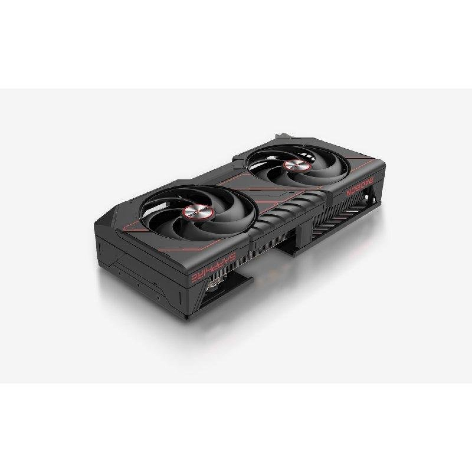 Czarna karta graficzna Sapphire Radeon z dwoma wentylatorami i czerwonymi akcentami.