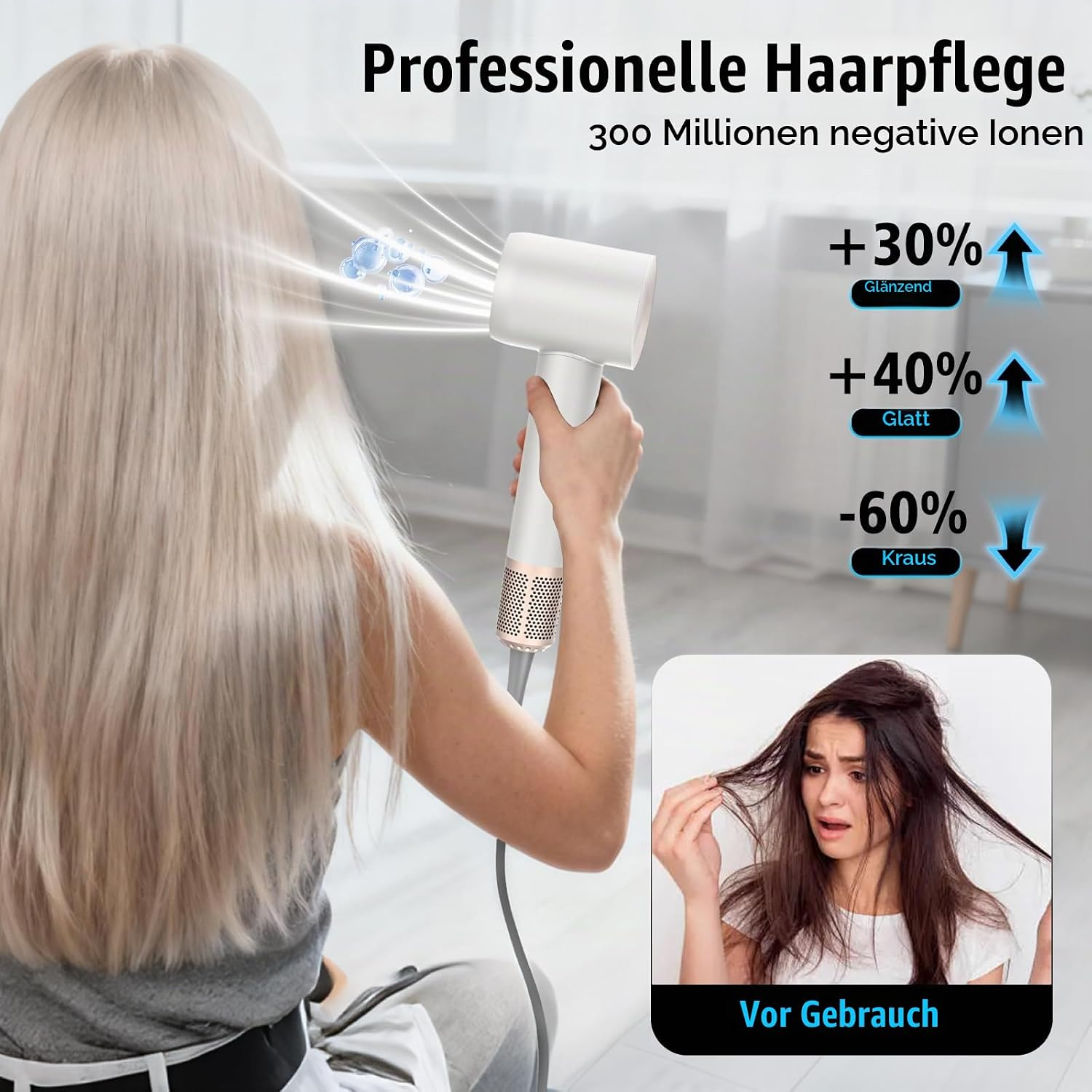 Eine Frau hält einen modernen Haartrockner, mit Vergleichsbild für vorher.