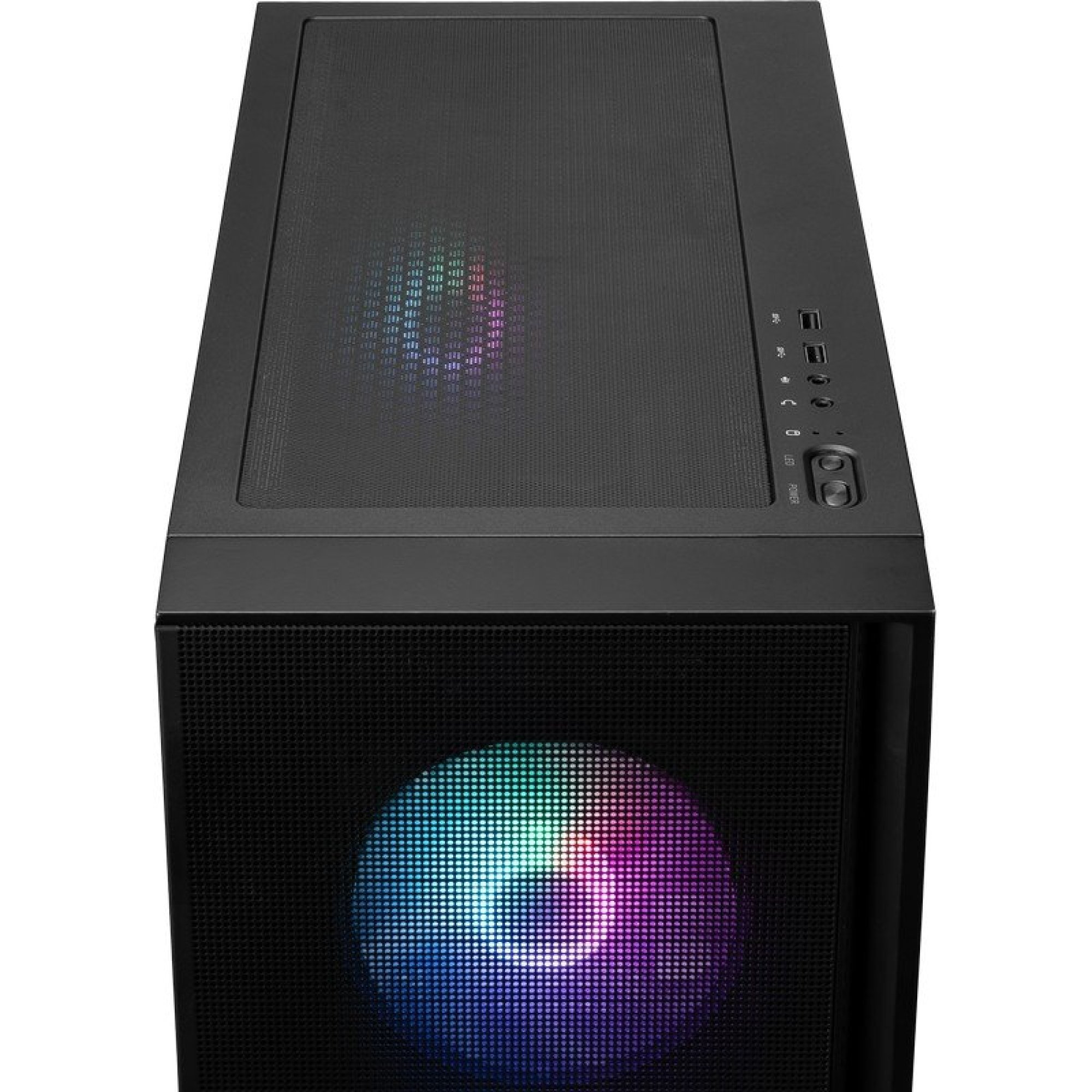 Czarna obudowa PC z siatkowym frontem, kolorowym wentylatorem RGB i panelem.