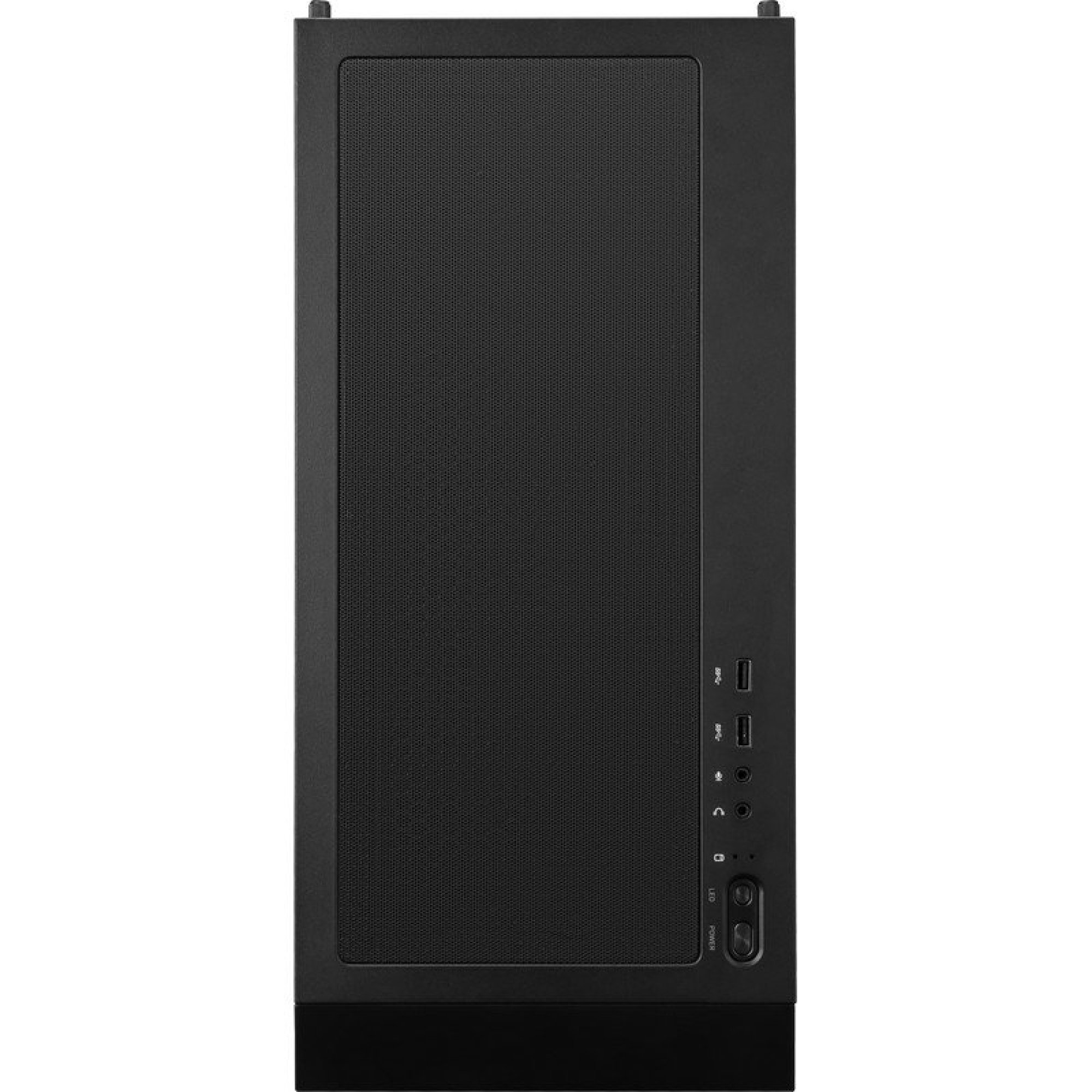 Przedni widok czarnej obudowy PC z panelem siatkowym, portami USB i przyciskami zasilania.
