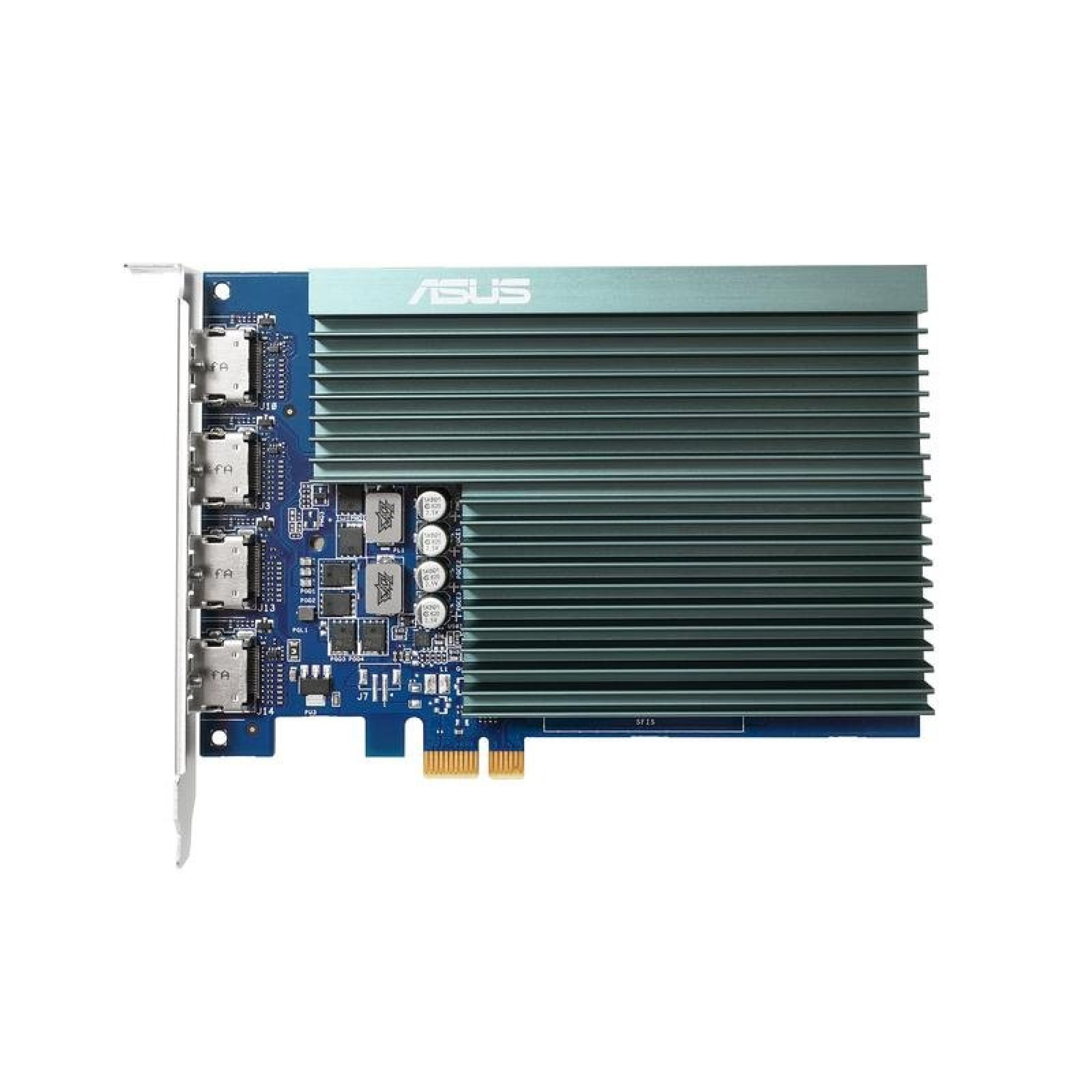 Scheda grafica Asus blu con un grande dissipatore verdognolo e quattro porte su un lato.