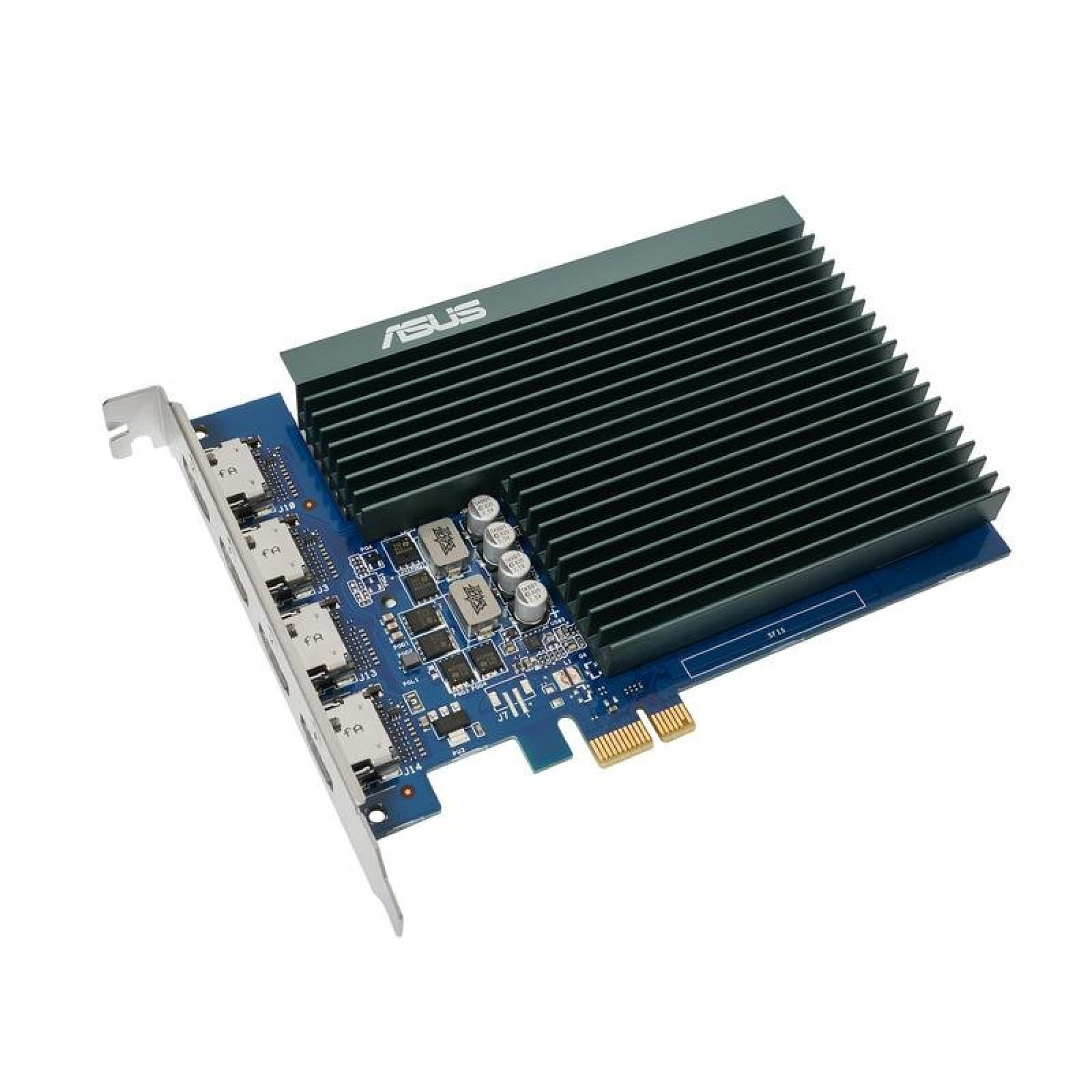 Scheda grafica ASUS blu con un grande dissipatore nero e porte su sfondo bianco.
