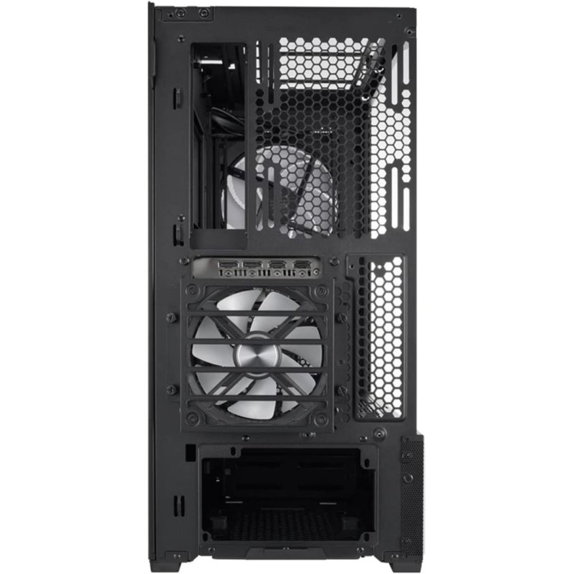 Vista posteriore di un case per PC nero con due ventole bianche, griglie di aerazione e vano alimentatore aperto.